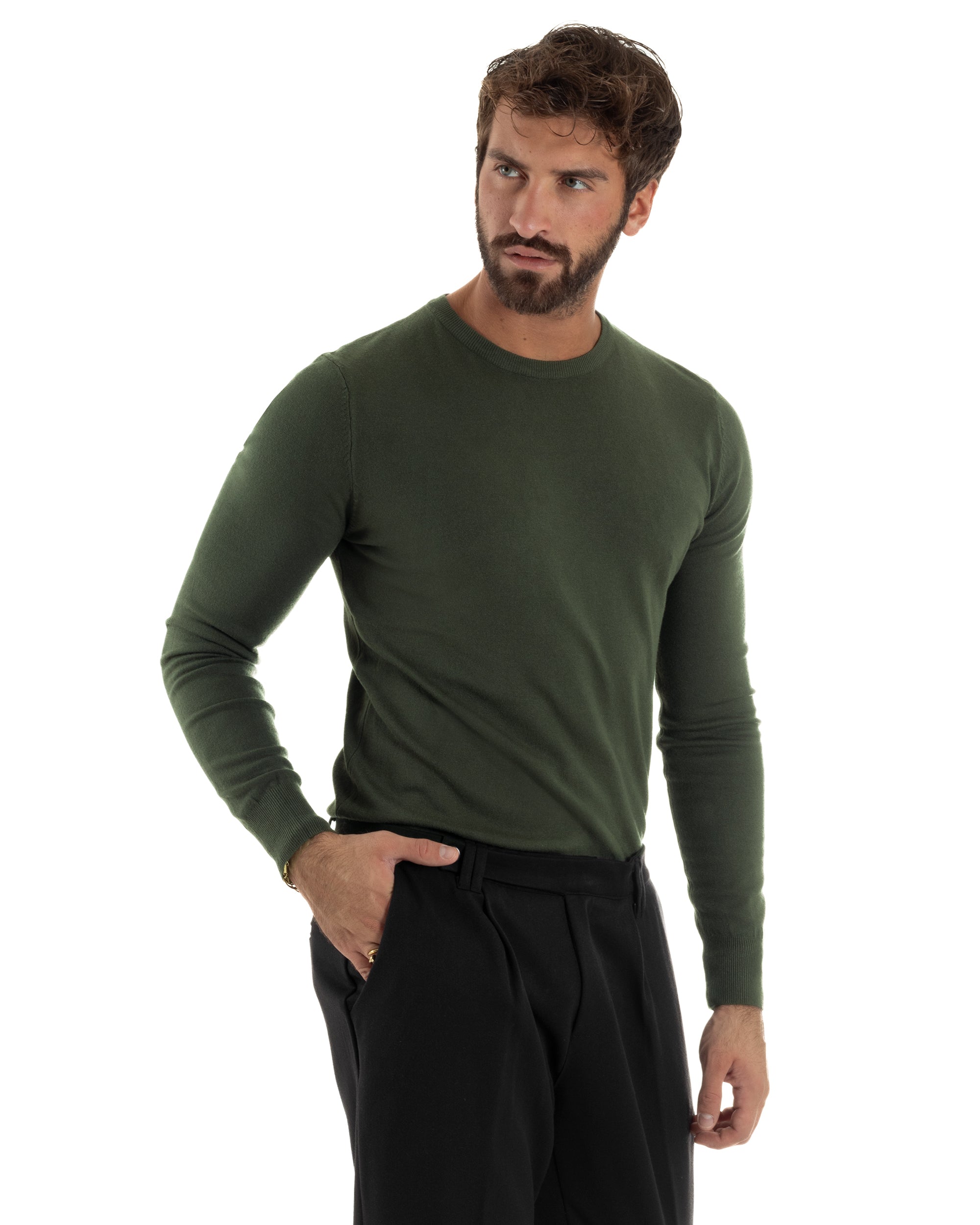 Maglioncino Uomo Girocollo Basic Tinta Unita Verde Militare M2496A