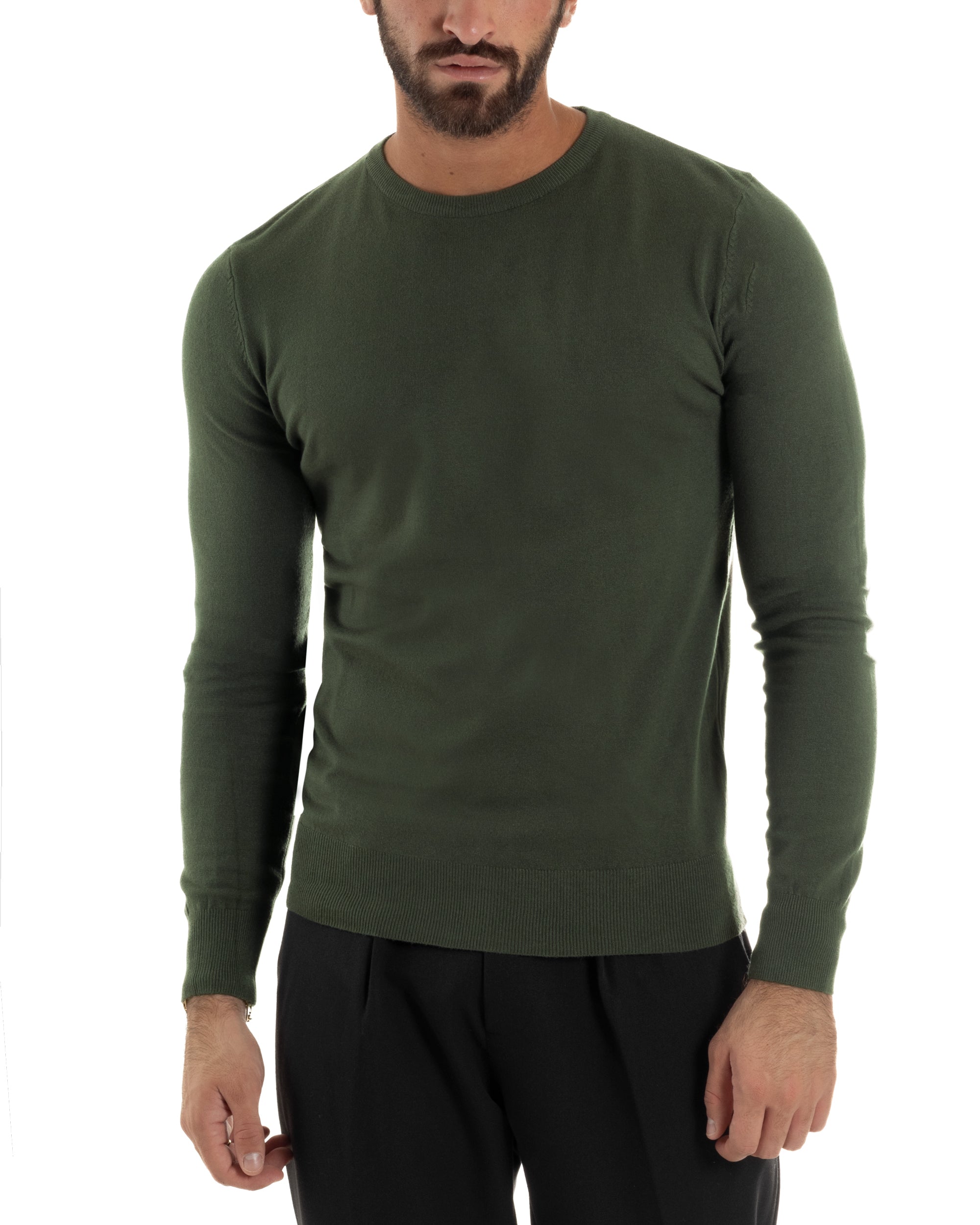 Maglioncino Uomo Girocollo Basic Tinta Unita Verde Militare M2496A