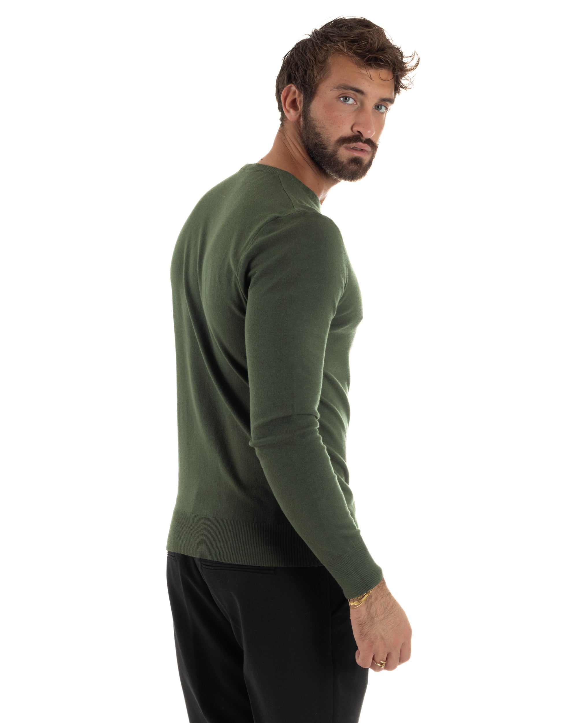 Maglioncino Uomo Girocollo Basic Tinta Unita Verde Militare M2496A
