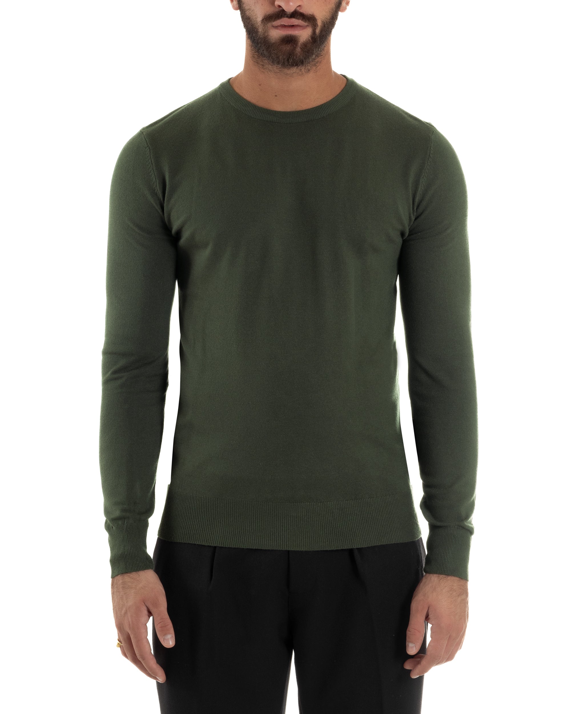 Maglioncino Uomo Girocollo Basic Tinta Unita Verde Militare M2496A