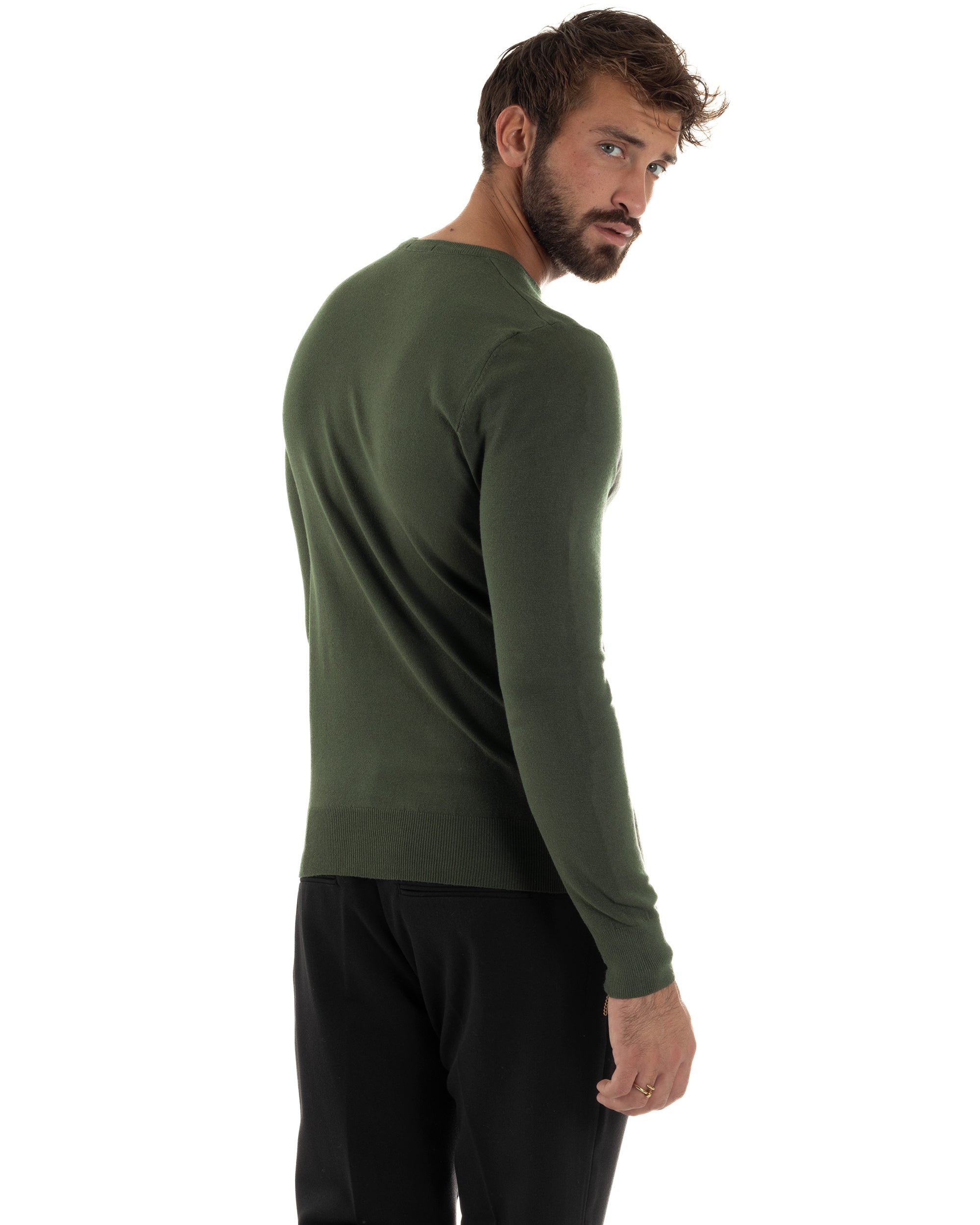 Maglioncino Uomo Girocollo Basic Tinta Unita Verde Militare M2496A