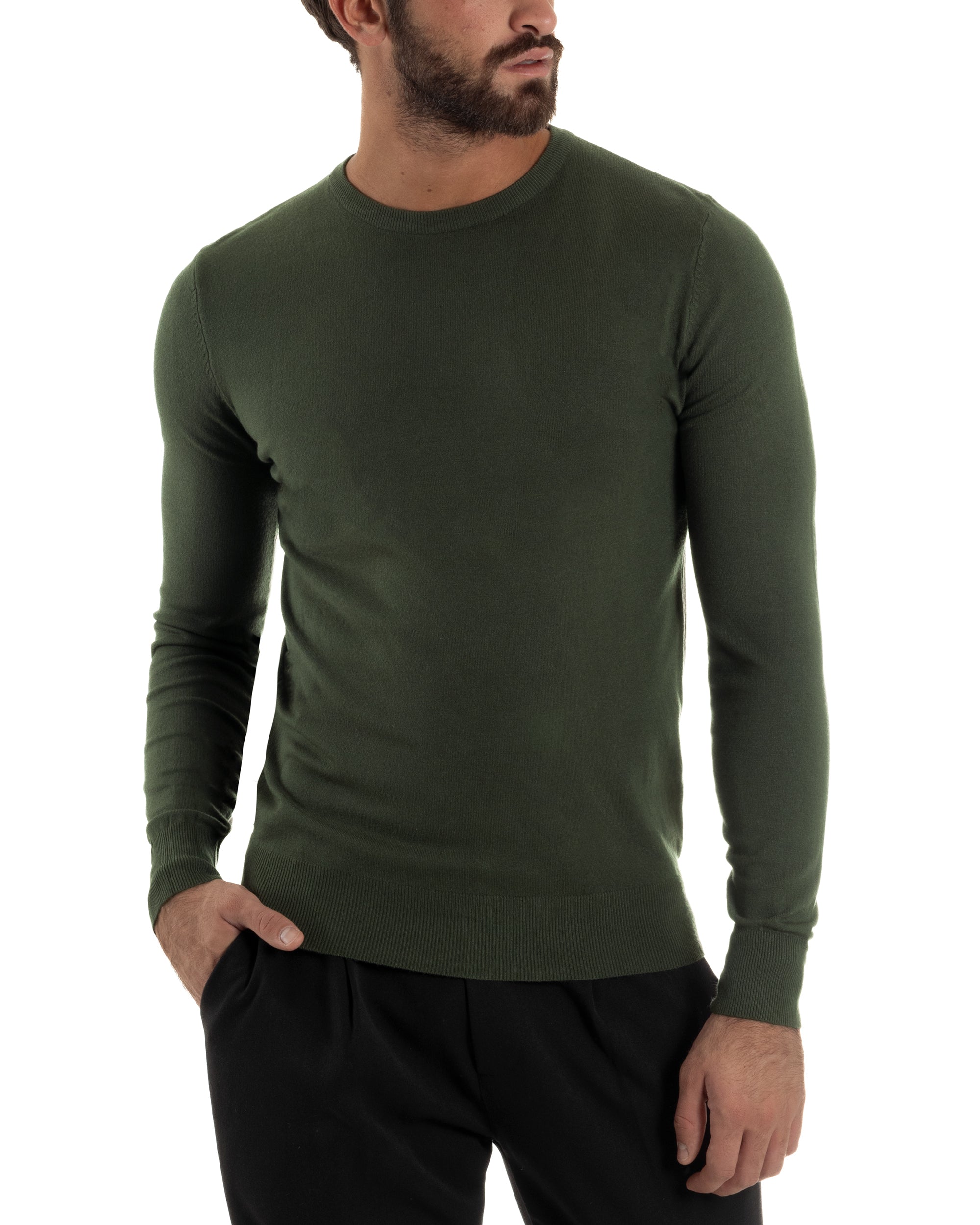 Maglioncino Uomo Girocollo Basic Tinta Unita Verde Militare M2496A