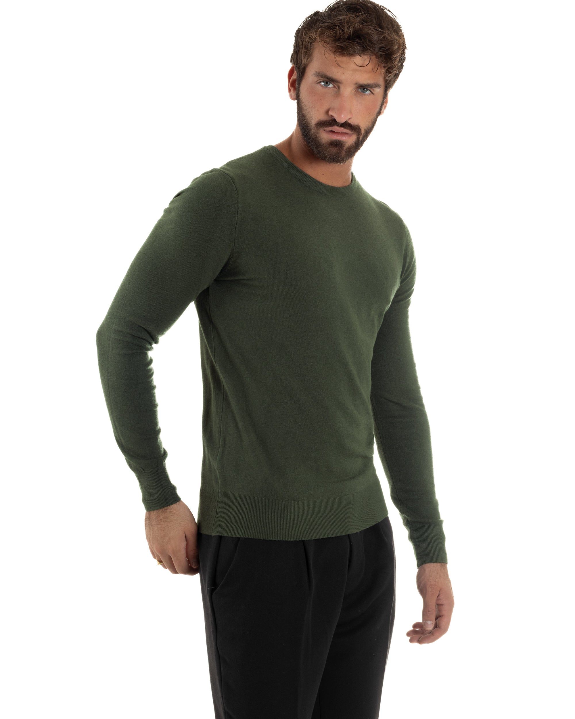 Maglioncino Uomo Girocollo Basic Tinta Unita Verde Militare M2496A
