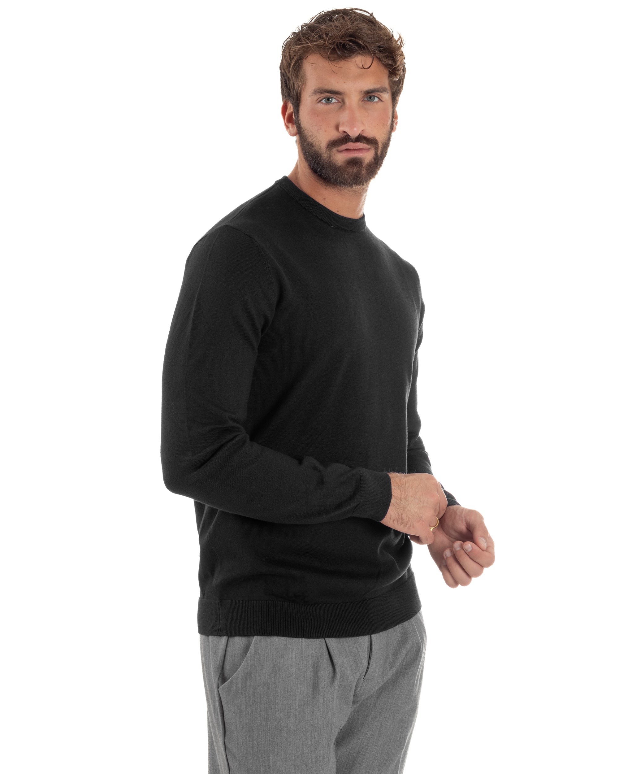 Maglioncino Uomo Girocollo Rasata Basic Tinta Unita Nero M2508A