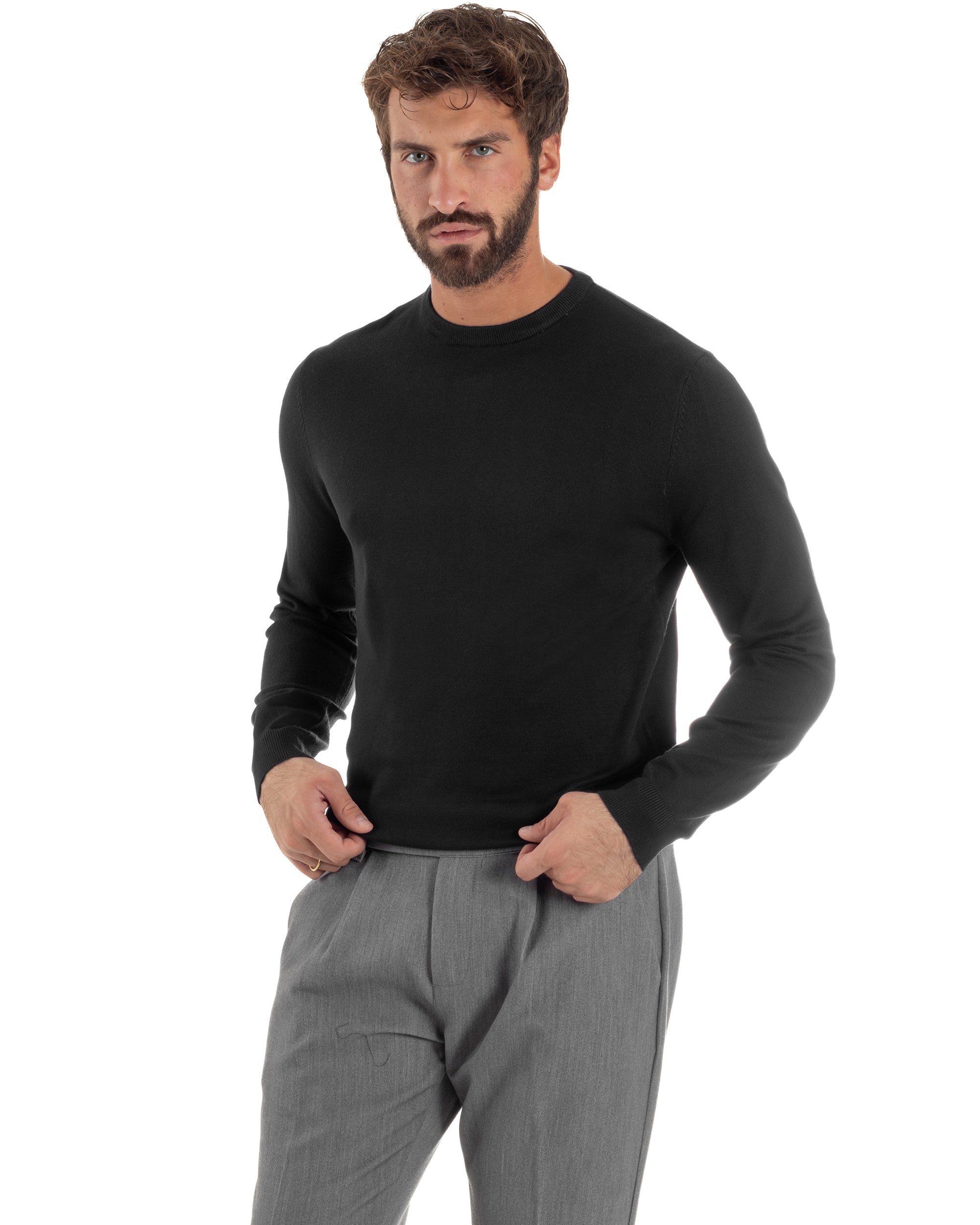 Maglioncino Uomo Girocollo Rasata Basic Tinta Unita Nero M2508A