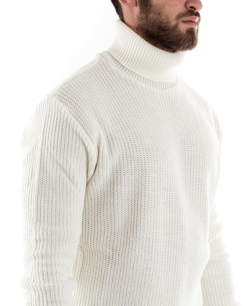 Maglioncino Uomo Collo Alto Tinta Unita Bianco Maglia Inglese Dolcevita Basic GIOSAL-M2346A