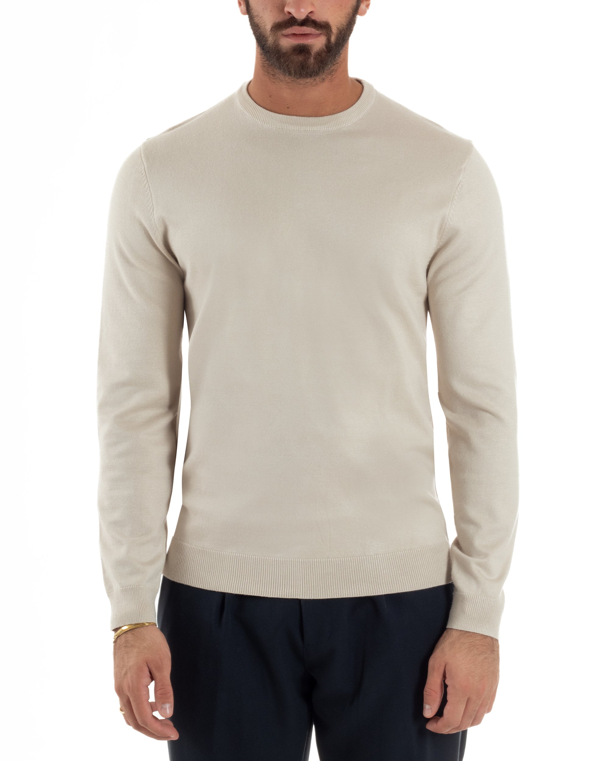 Maglioncino Uomo Girocollo Basic Tinta Unita Beige M2512A