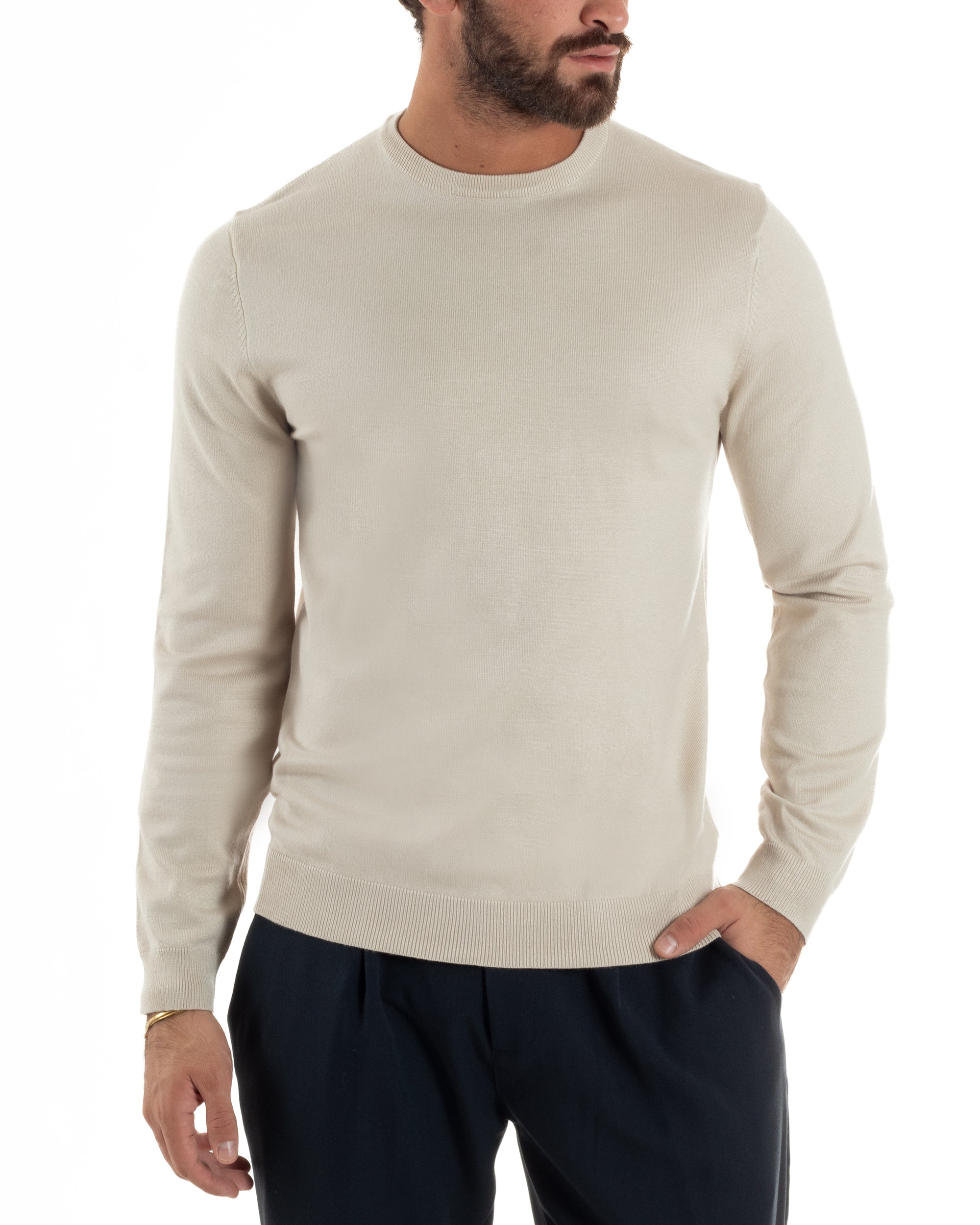 Maglioncino Uomo Girocollo Basic Tinta Unita Beige M2512A
