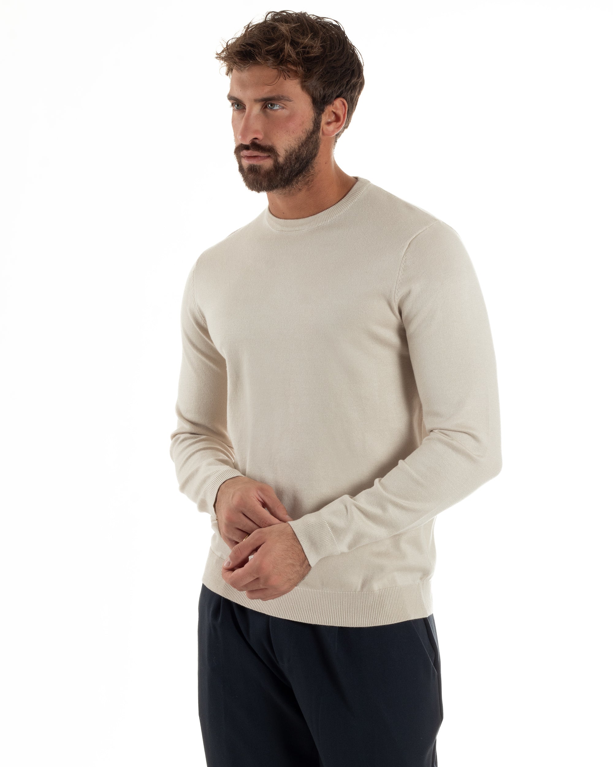 Maglioncino Uomo Girocollo Basic Tinta Unita Beige M2512A
