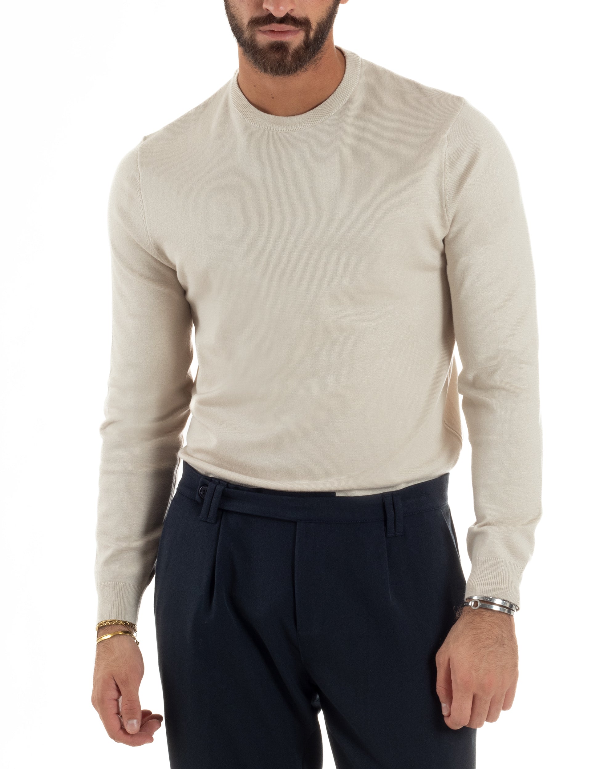 Maglioncino Uomo Girocollo Basic Tinta Unita Beige M2512A