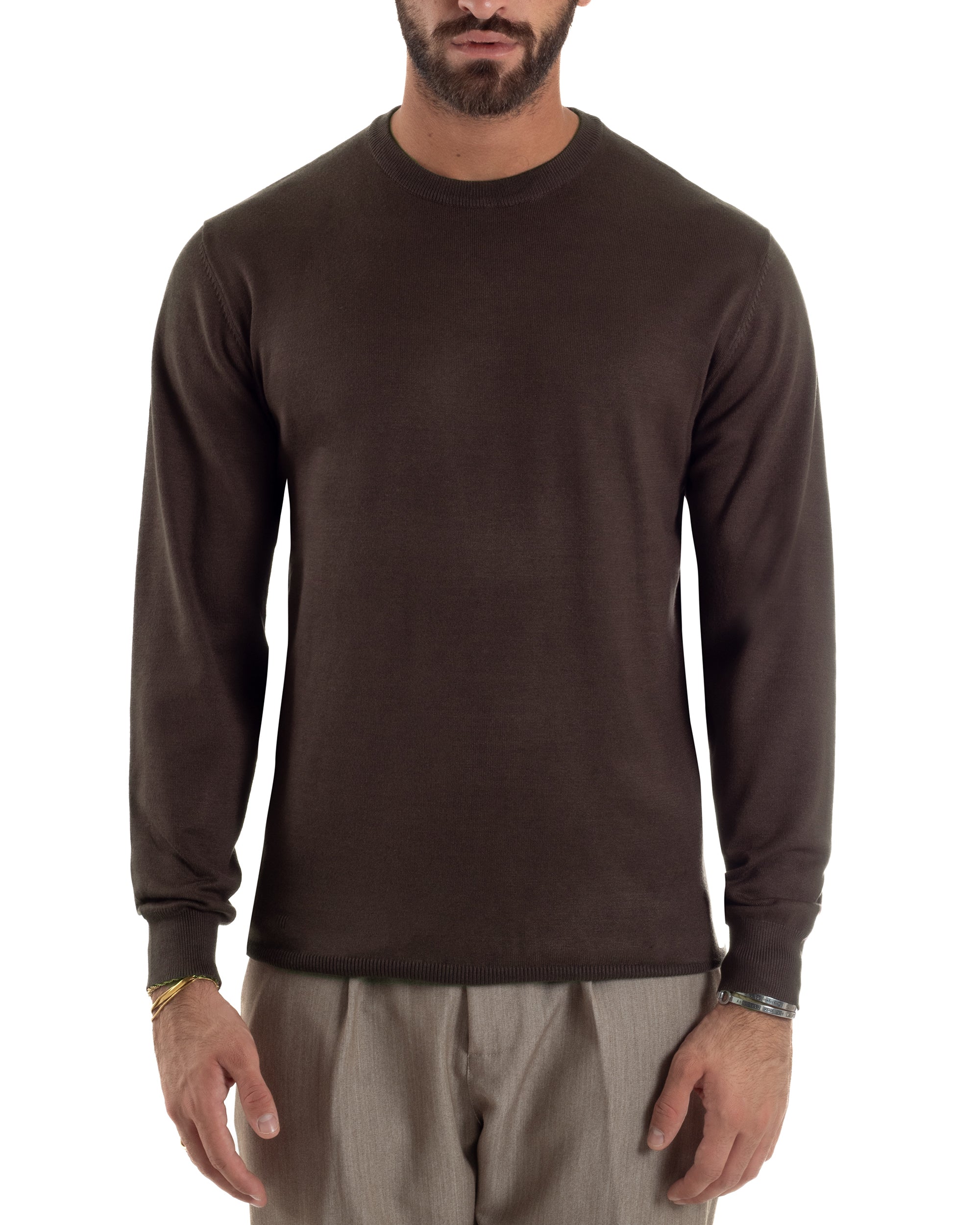 Maglioncino Uomo Girocollo Basic Tinta Unita Marrone M3058A
