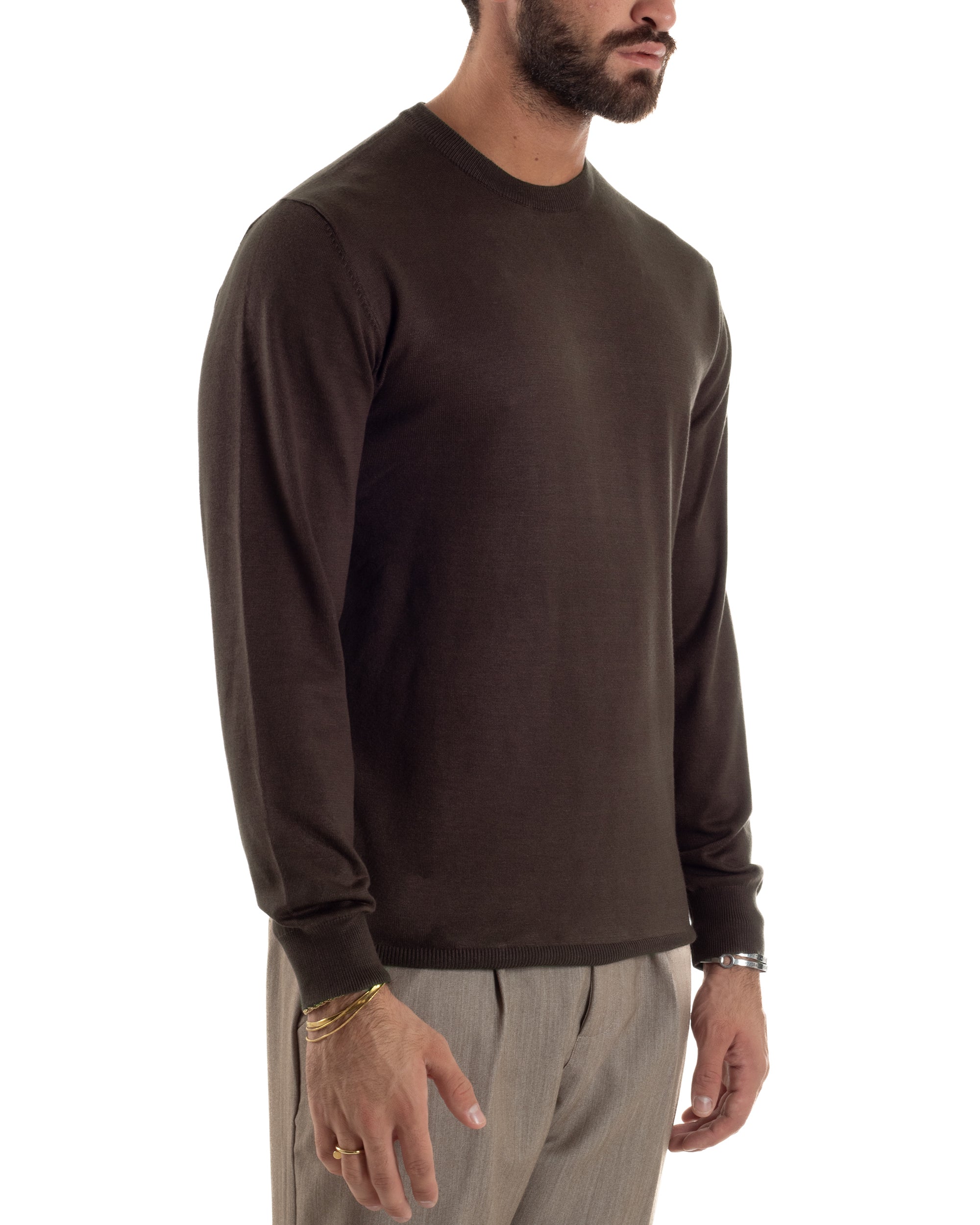 Maglioncino Uomo Girocollo Basic Tinta Unita Marrone M3058A