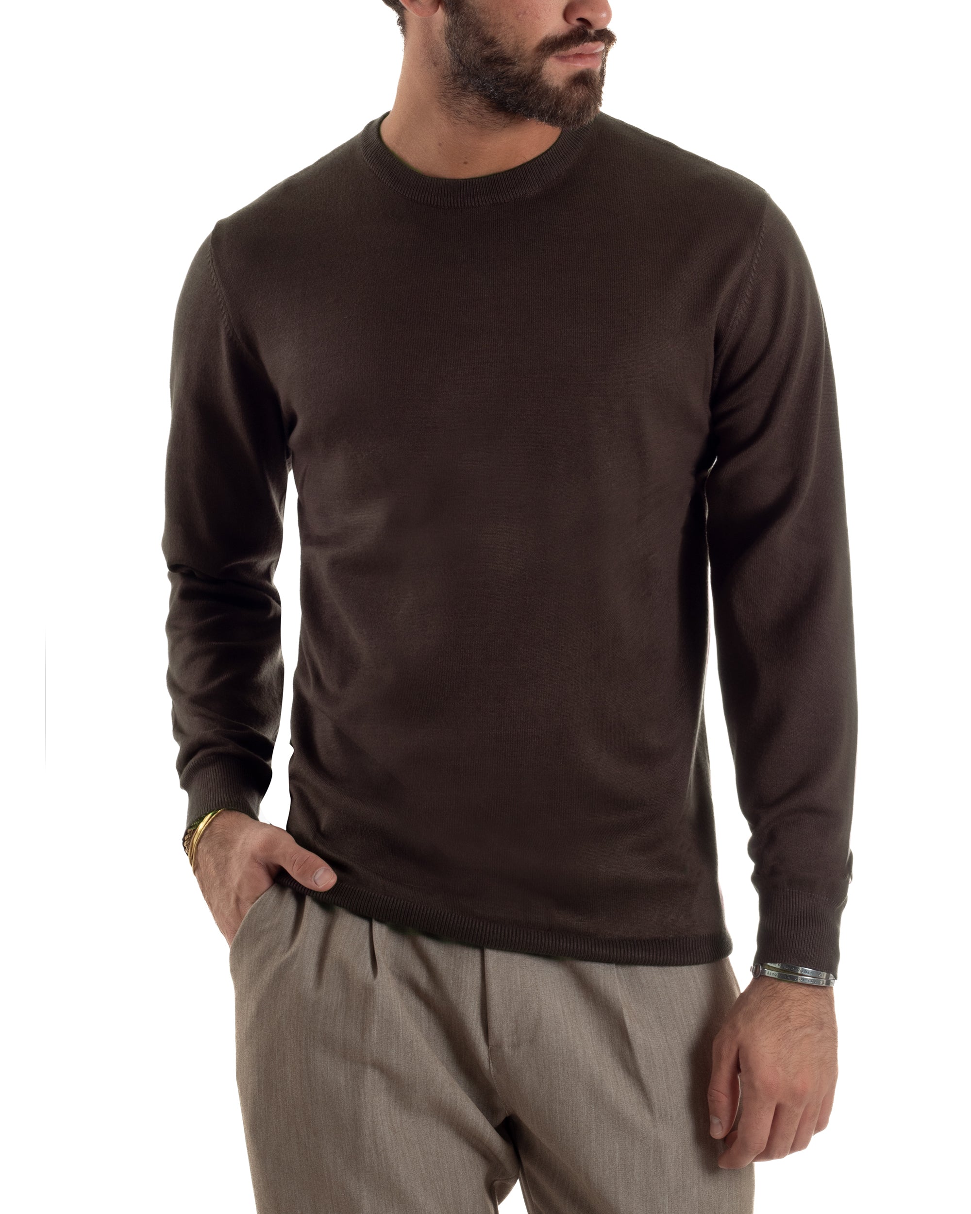 Maglioncino Uomo Girocollo Basic Tinta Unita Marrone M3058A