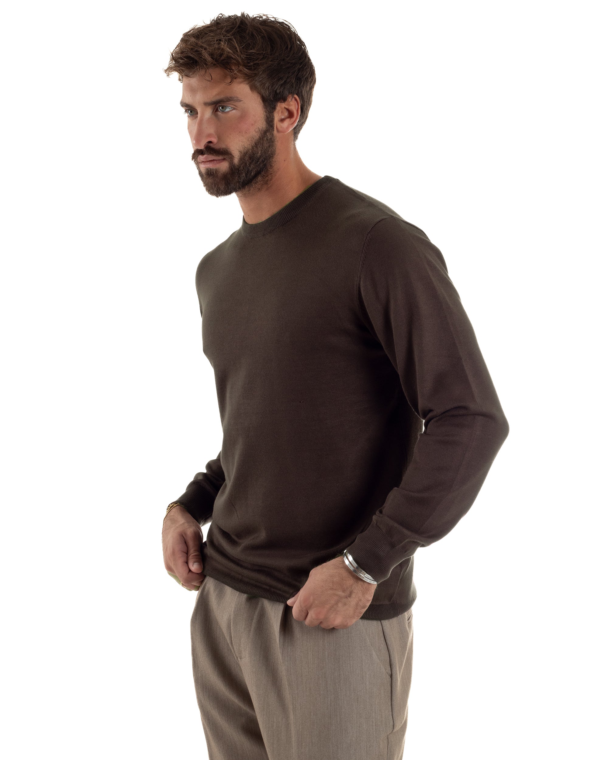 Maglioncino Uomo Girocollo Basic Tinta Unita Marrone M3058A