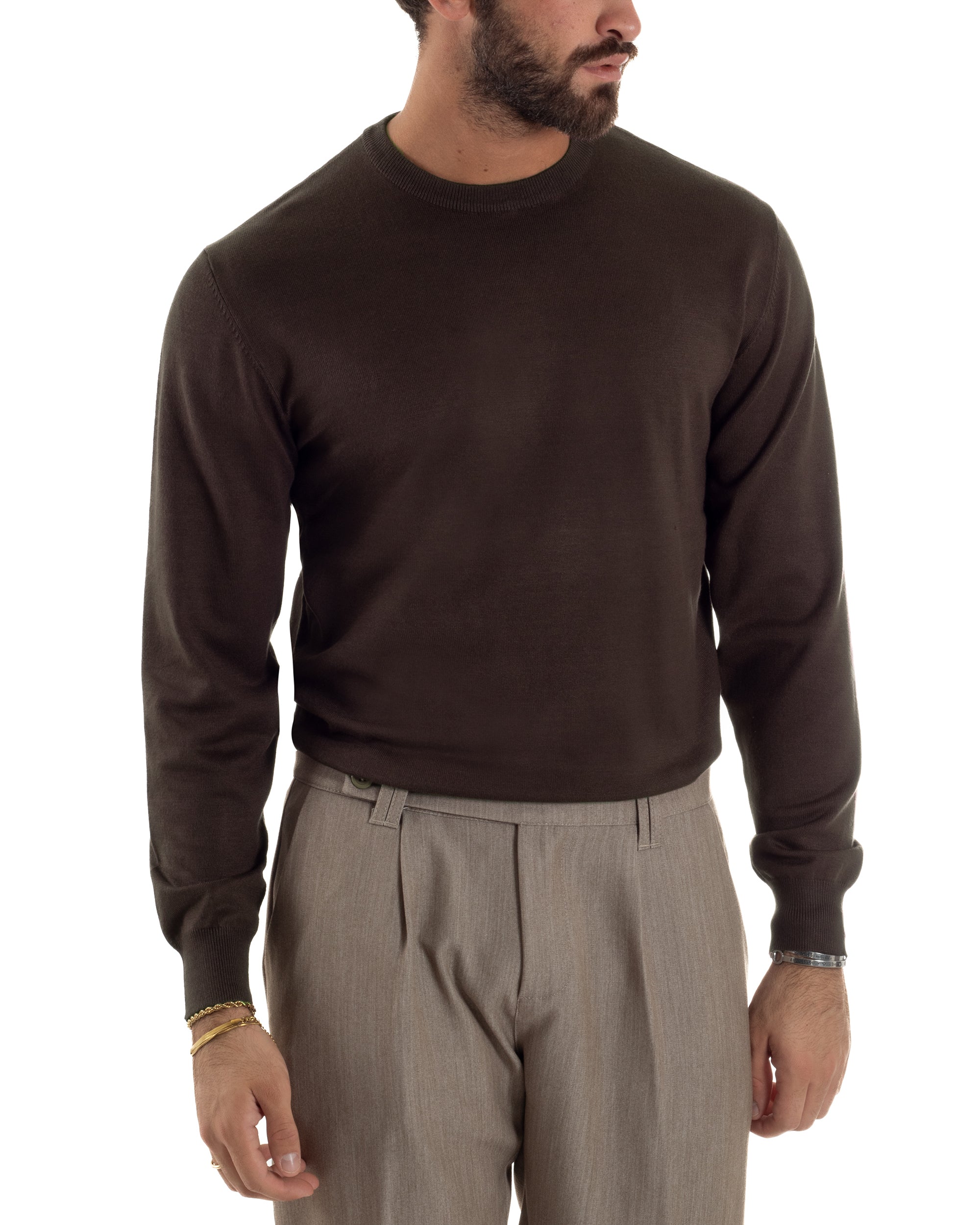 Maglioncino Uomo Girocollo Basic Tinta Unita Marrone M3058A