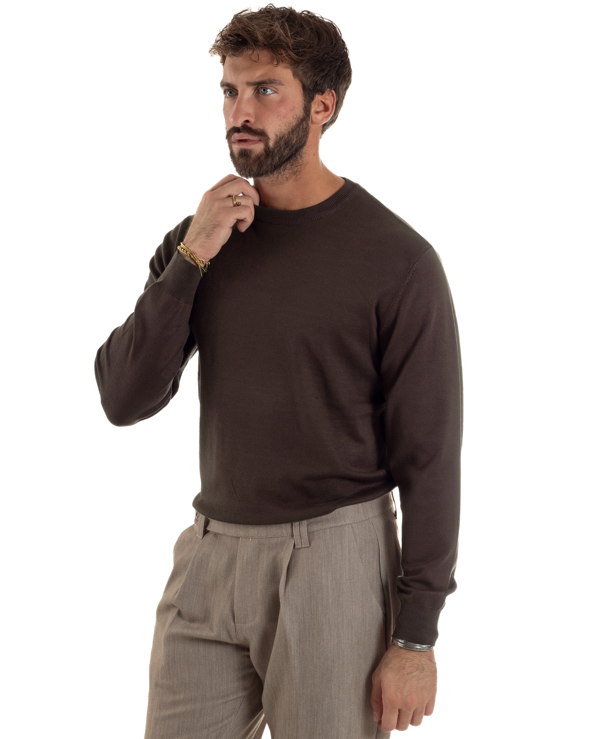 Maglioncino Uomo Girocollo Basic Tinta Unita Marrone M3058A