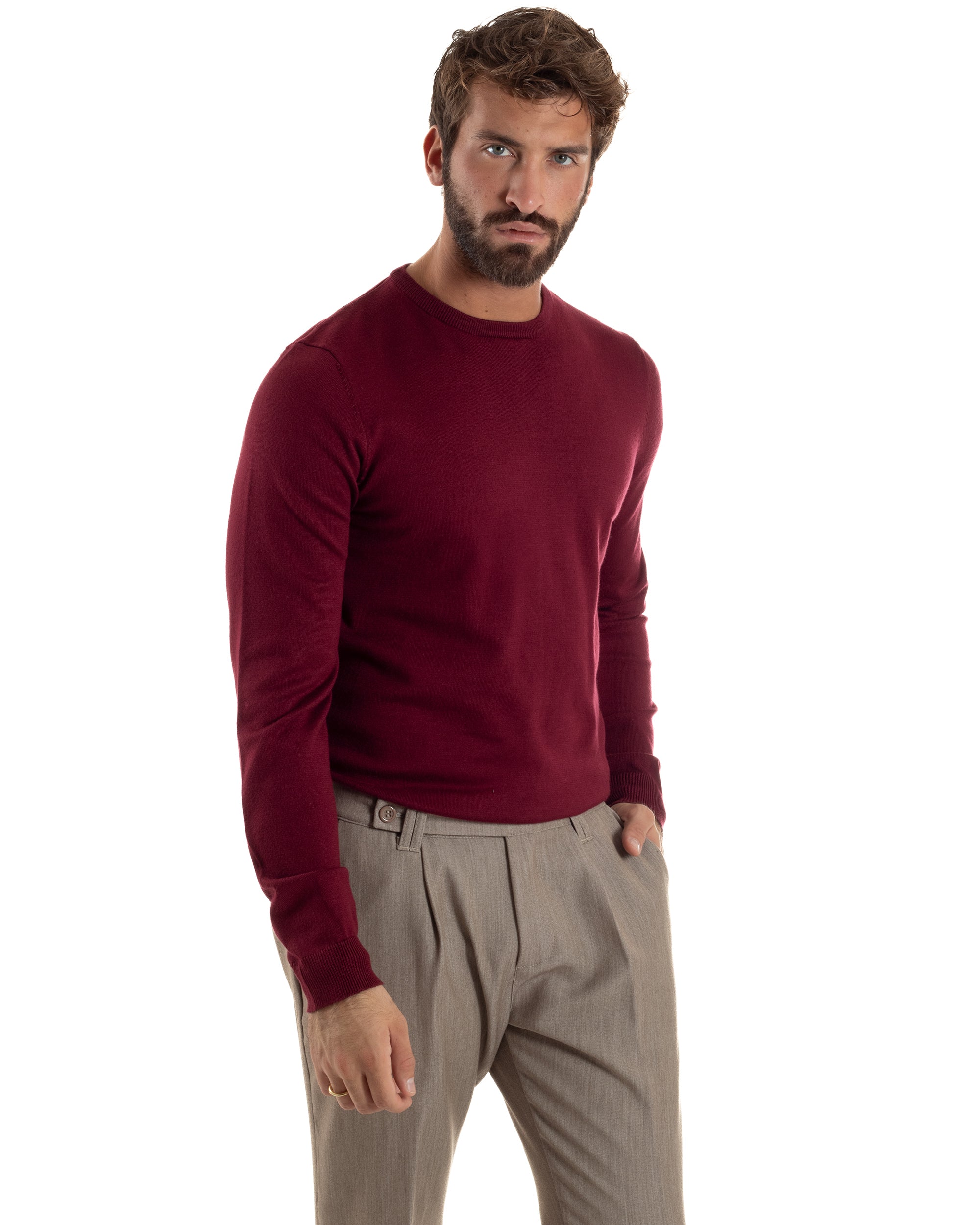 Maglioncino Uomo Girocollo Basic Tinta Unita Prugna M2504A