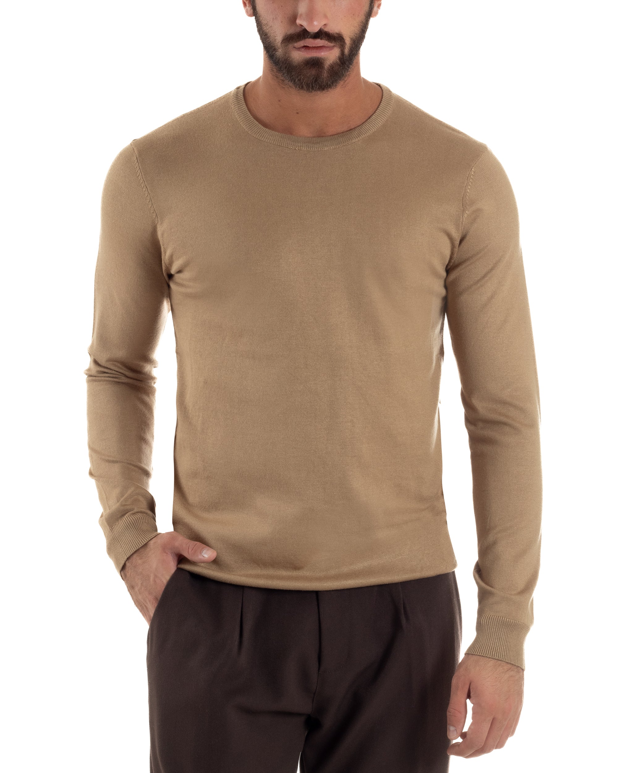 Maglioncino Uomo Girocollo Basic Tinta Unita Camel M2499A