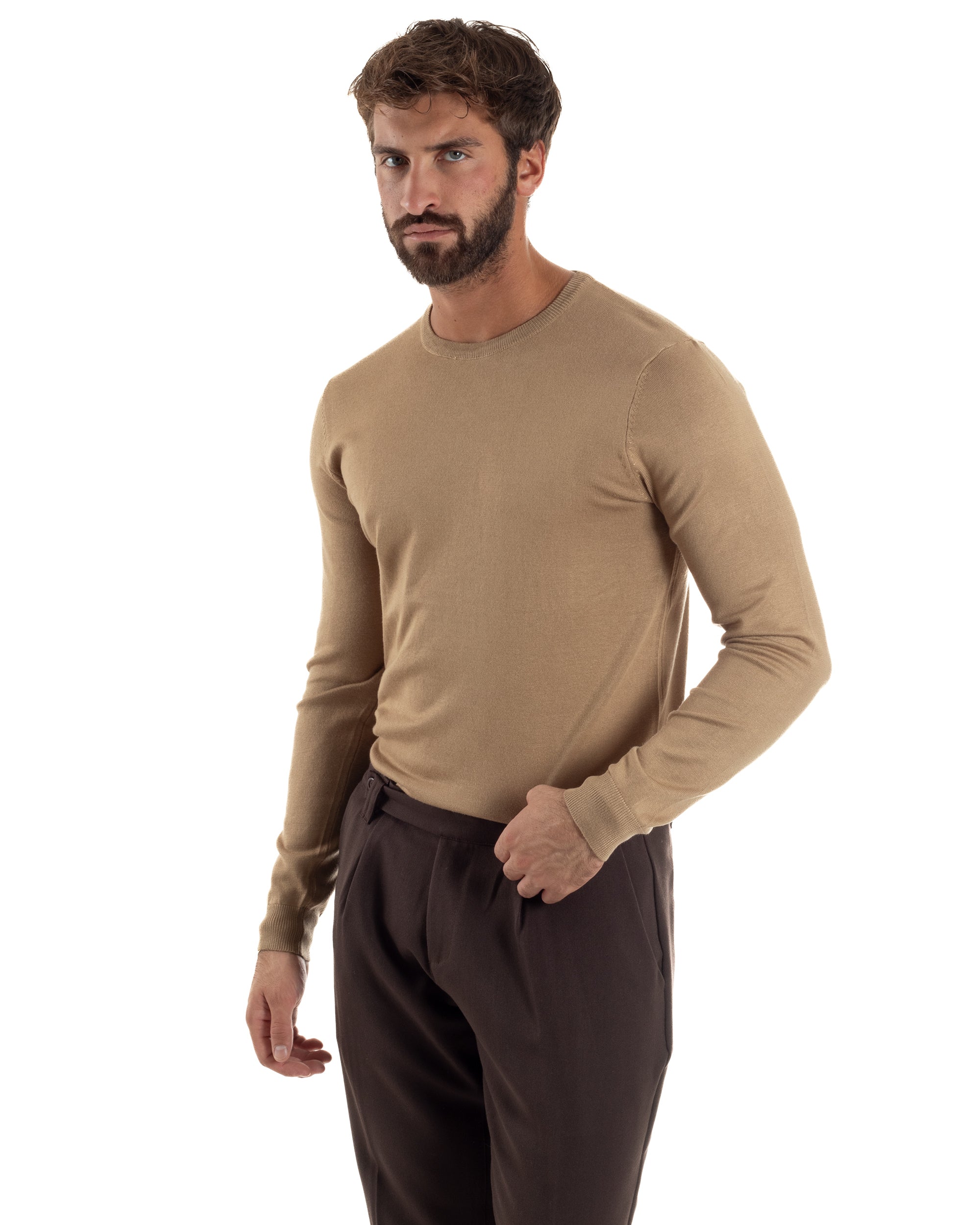 Maglioncino Uomo Girocollo Basic Tinta Unita Camel M2499A