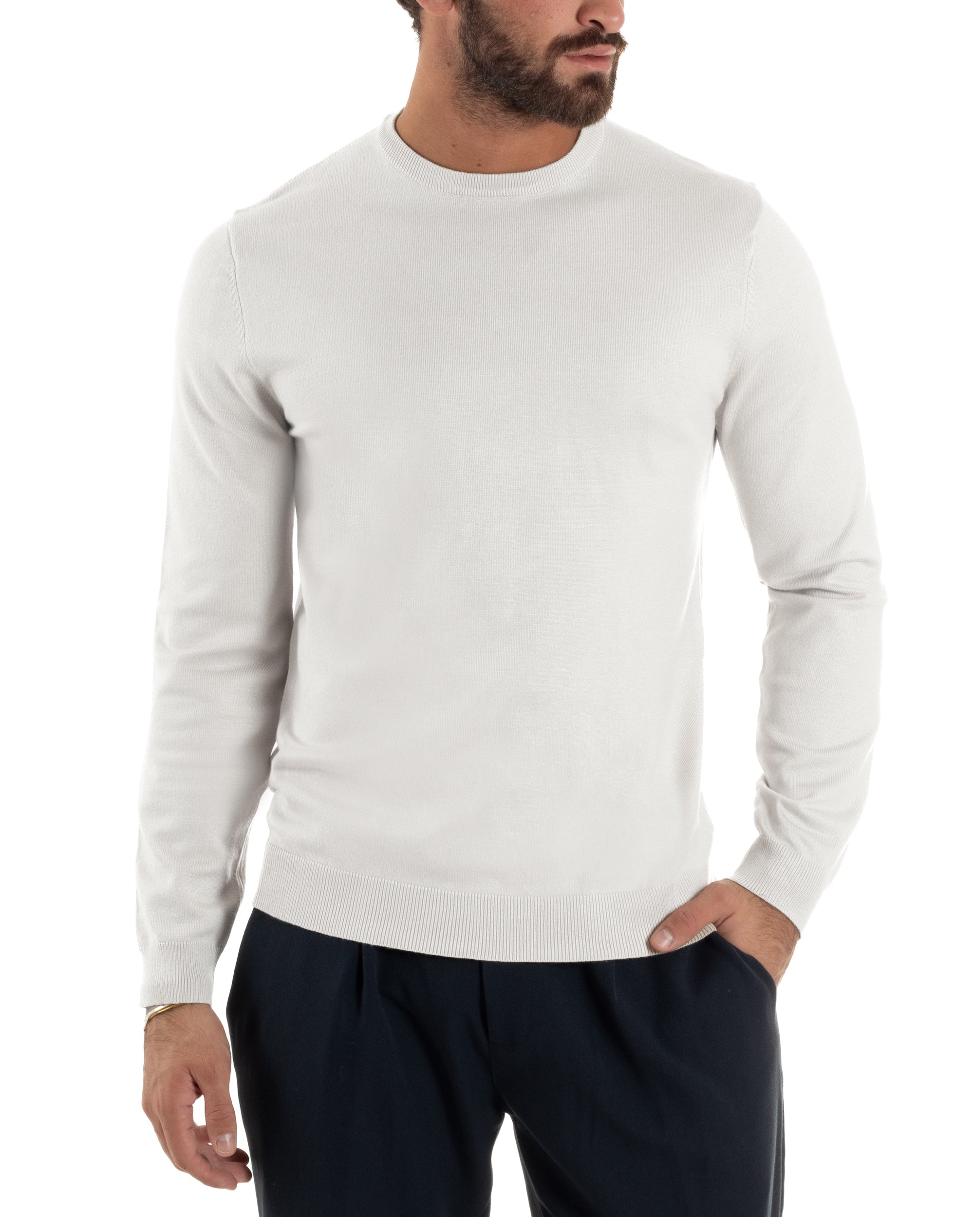 Maglioncino Uomo Girocollo Basic Tinta Unita Bianco M2506A