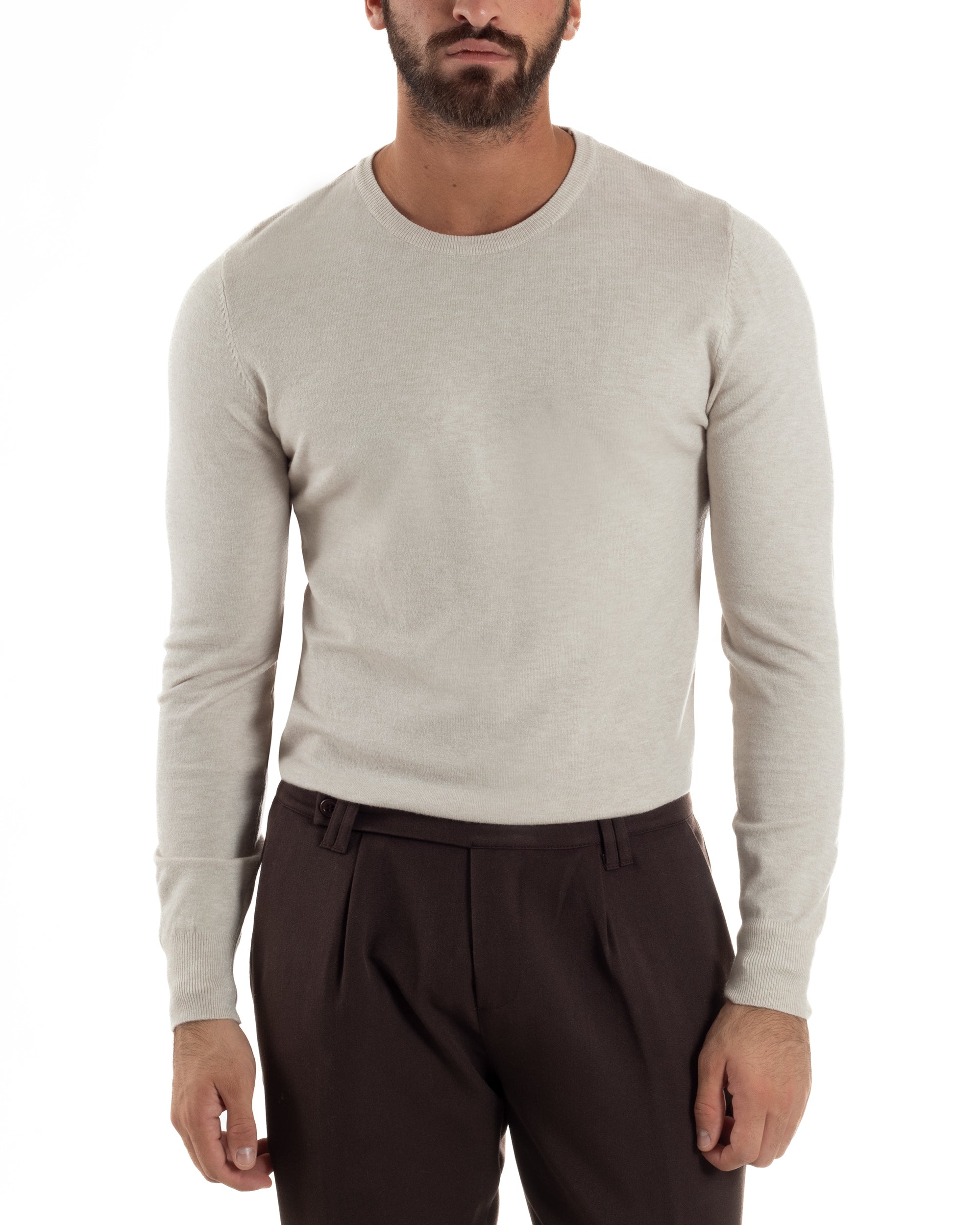 Maglioncino Uomo Girocollo Basic Tinta Unita Beige Melangiato M2571A