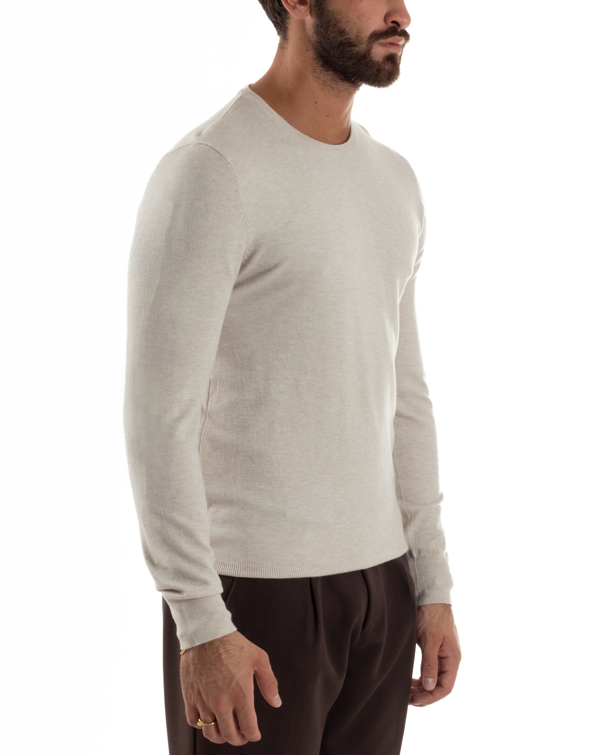 Maglioncino Uomo Girocollo Basic Tinta Unita Beige Melangiato M2571A