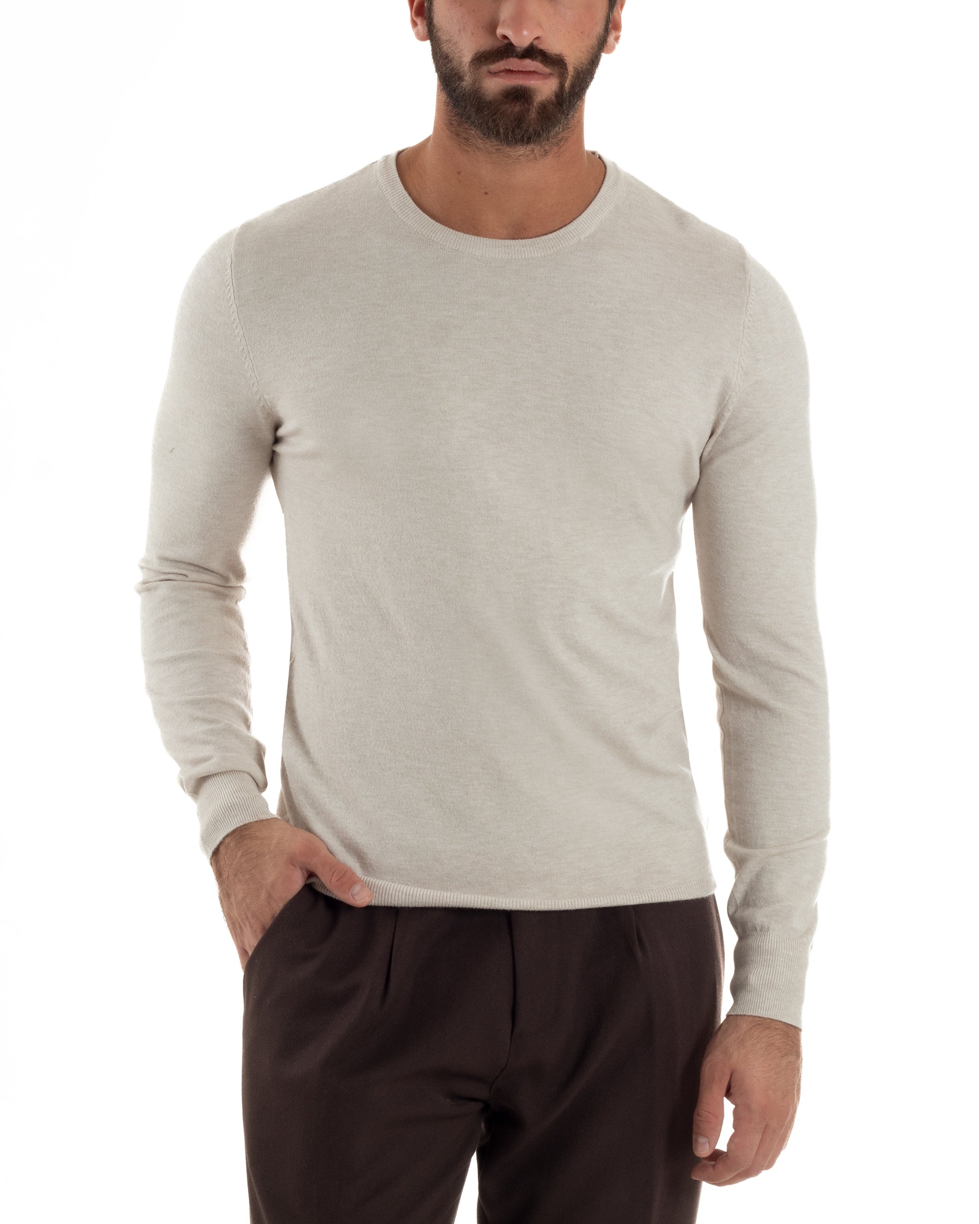 Maglioncino Uomo Girocollo Basic Tinta Unita Beige Melangiato M2571A