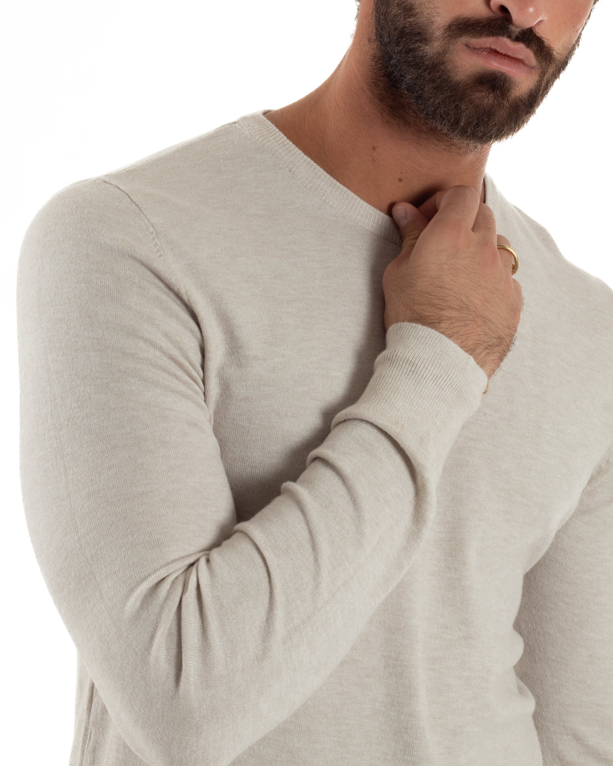 Maglioncino Uomo Girocollo Basic Tinta Unita Beige Melangiato M2571A