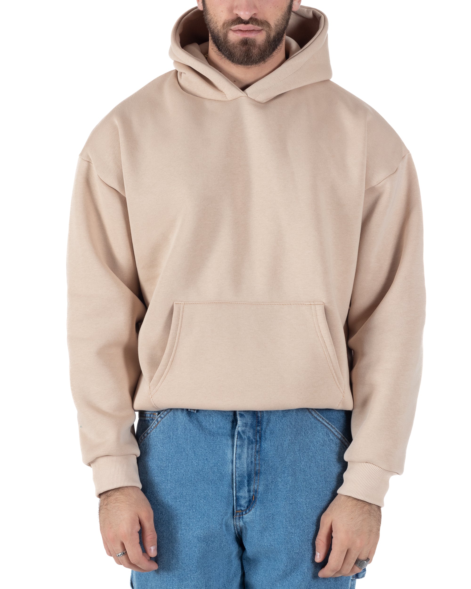 Felpa Con Cappuccio Uomo Boxy Fit Basic Felpata Comoda Beige F3003A