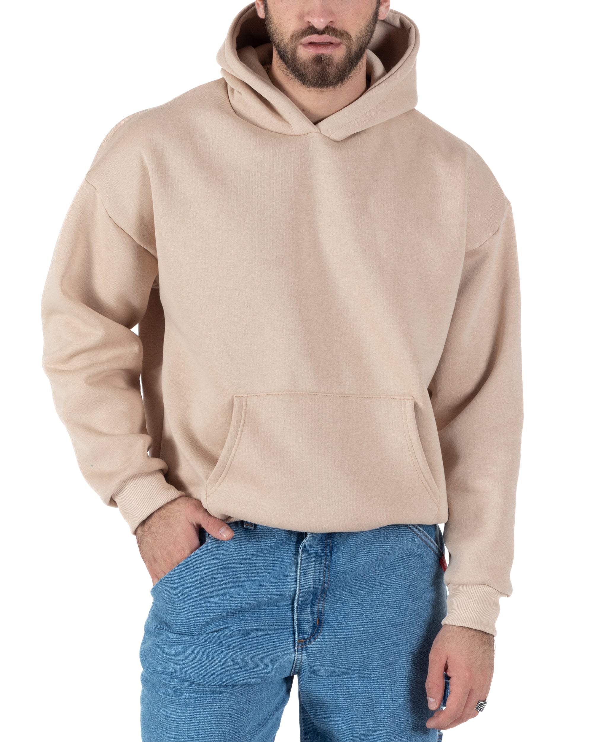 Felpa Con Cappuccio Uomo Boxy Fit Basic Felpata Comoda Beige F3003A