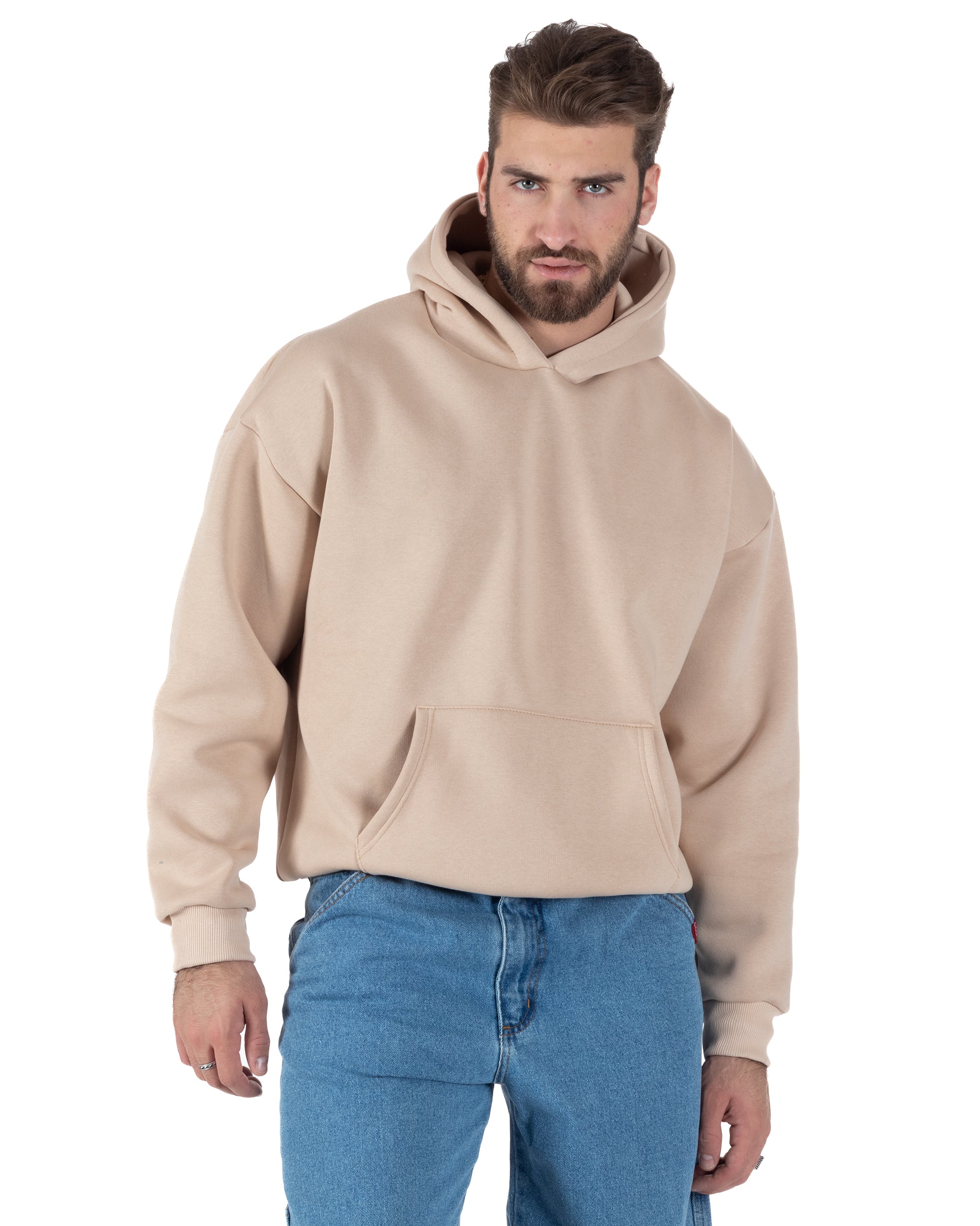 Felpa Con Cappuccio Uomo Boxy Fit Basic Felpata Comoda Tinta Unita Beige GIOSAL-F3003A