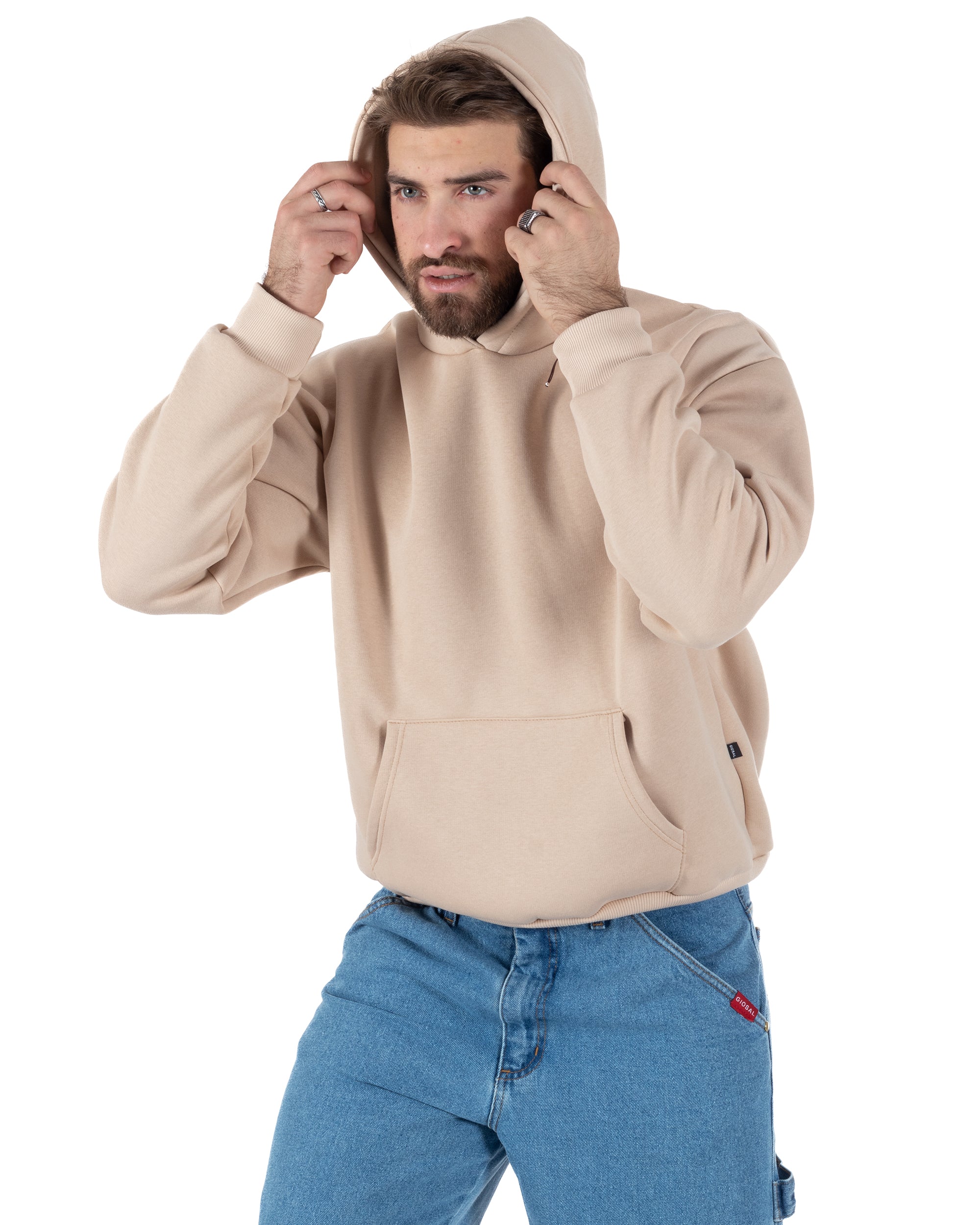 Felpa Con Cappuccio Uomo Boxy Fit Basic Felpata Comoda Beige F3003A