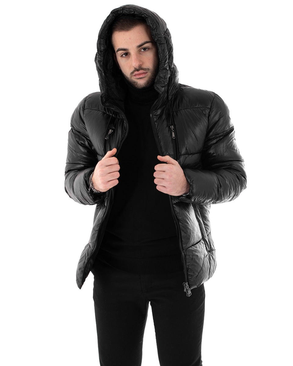 Giubbotto Uomo Bomber Tinta Unita Nero Lucido Opaco Puffer Trapuntato Cappuccio GIOSAL-G2729A