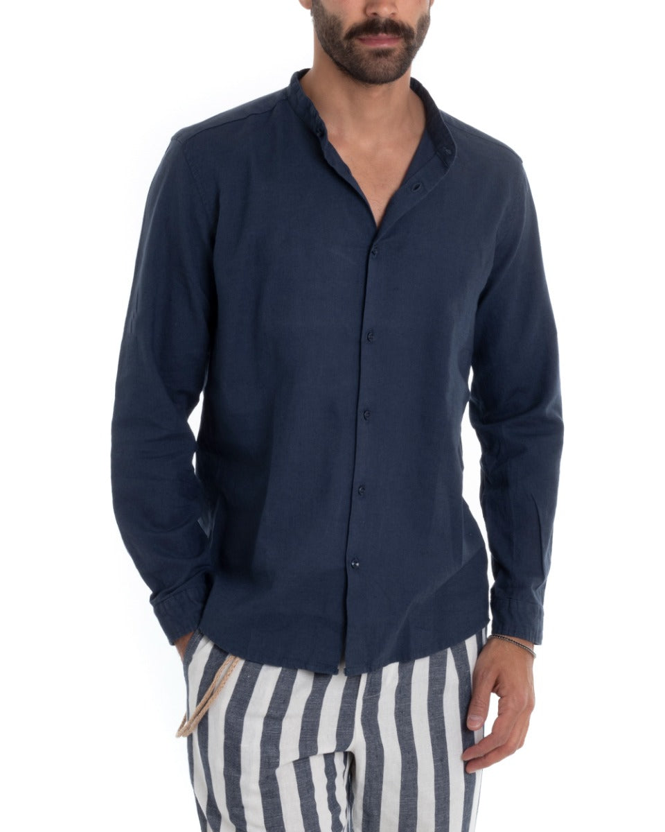 Camicia Uomo Collo Coreano Manica Lunga Lino Tinta Unita Sartoriale Blu GIOSAL-C1946A