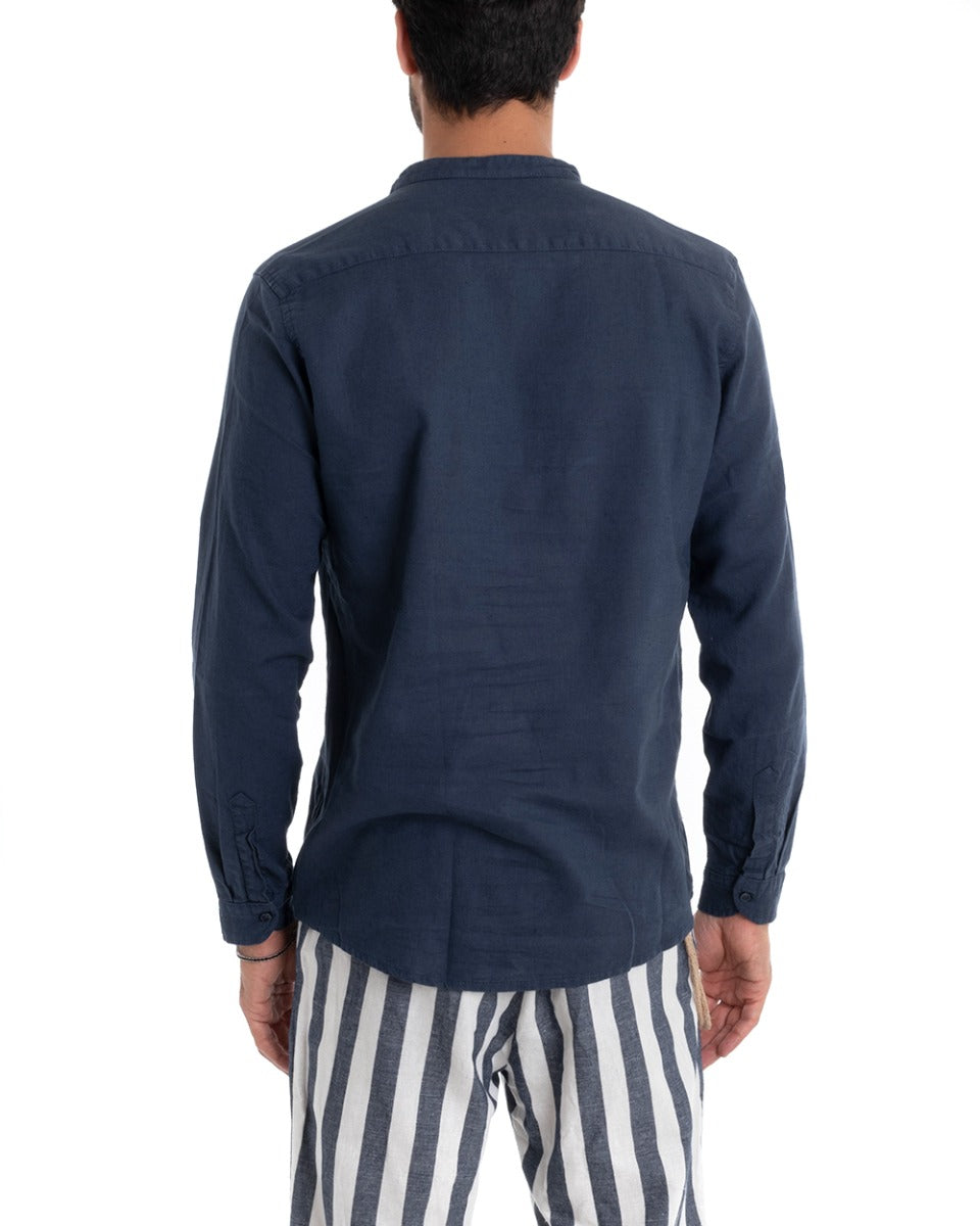 Camicia Uomo Collo Coreano Manica Lunga Lino Tinta Unita Sartoriale Blu GIOSAL-C1946A