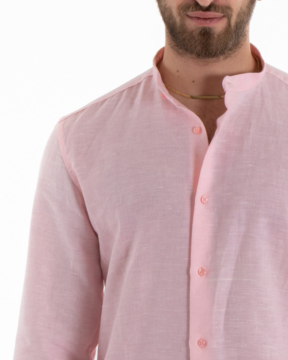 Camicia Uomo Lino Collo Coreano Sartoriale Morbida Tinta Unita Rosa GIOSAL-C2679A