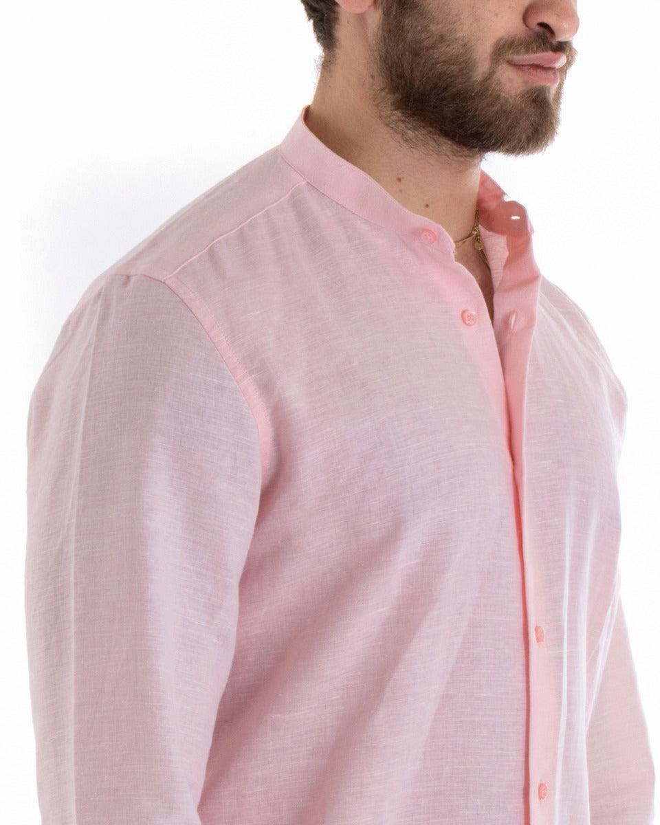 Camicia Uomo Lino Collo Coreano Sartoriale Morbida Tinta Unita Rosa GIOSAL-C2679A