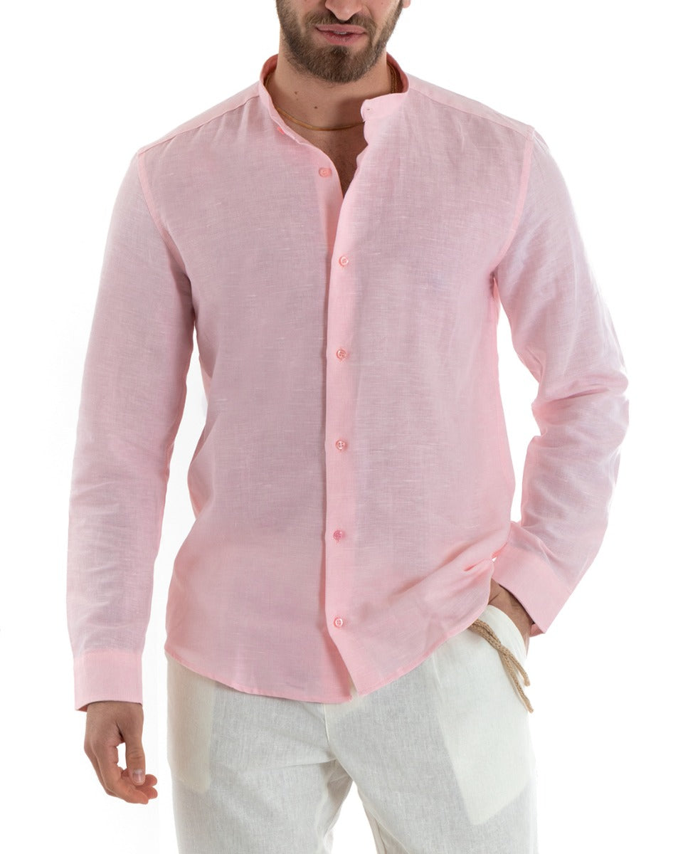 Camicia Uomo Lino Collo Coreano Sartoriale Morbida Tinta Unita Rosa GIOSAL-C2679A