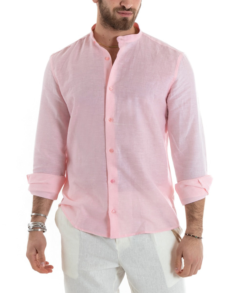 Camicia Uomo Lino Collo Coreano Sartoriale Morbida Tinta Unita Rosa GIOSAL-C2679A