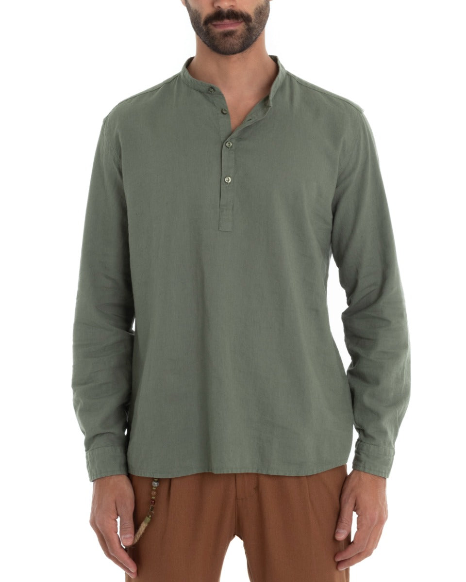 Camicia Uomo Serafino Casacca Manica Lunga Lino Tinta Unita Sartoriale Verde Militare GIOSAL-C1977A