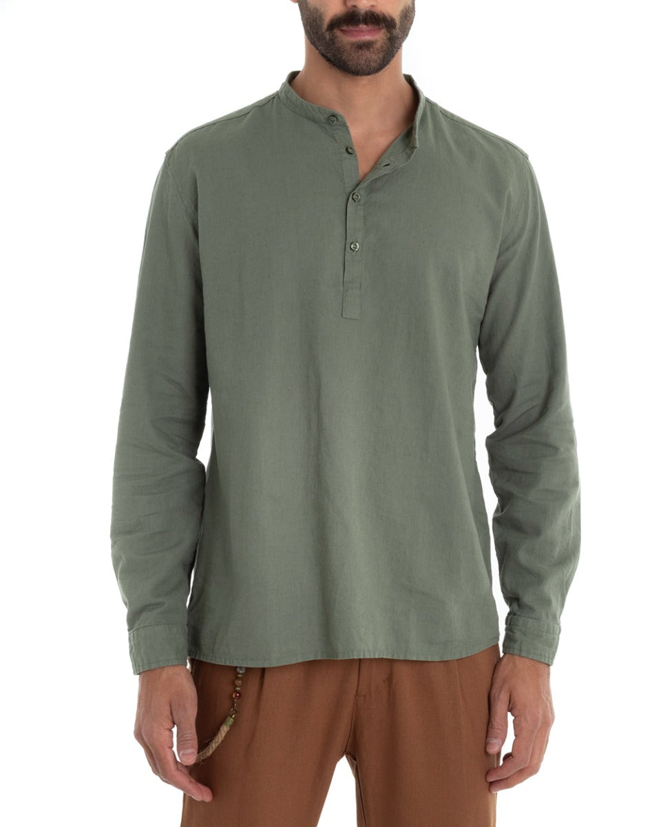 Camicia Uomo Serafino Casacca Manica Lunga Lino Tinta Unita Sartoriale Verde Militare GIOSAL-C1977A