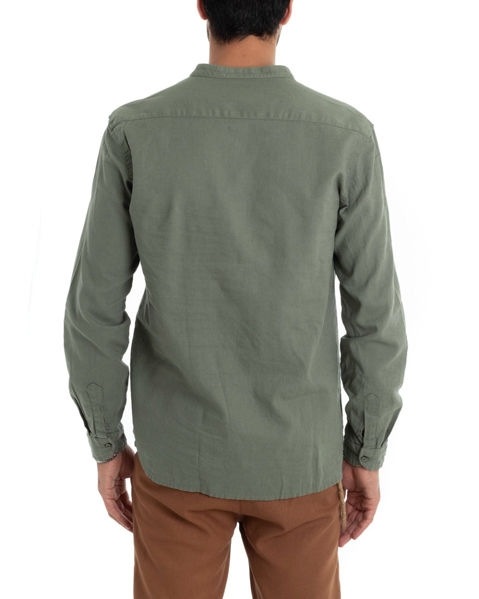 Camicia Uomo Serafino Casacca Manica Lunga Lino Tinta Unita Sartoriale Verde Militare GIOSAL-C1977A