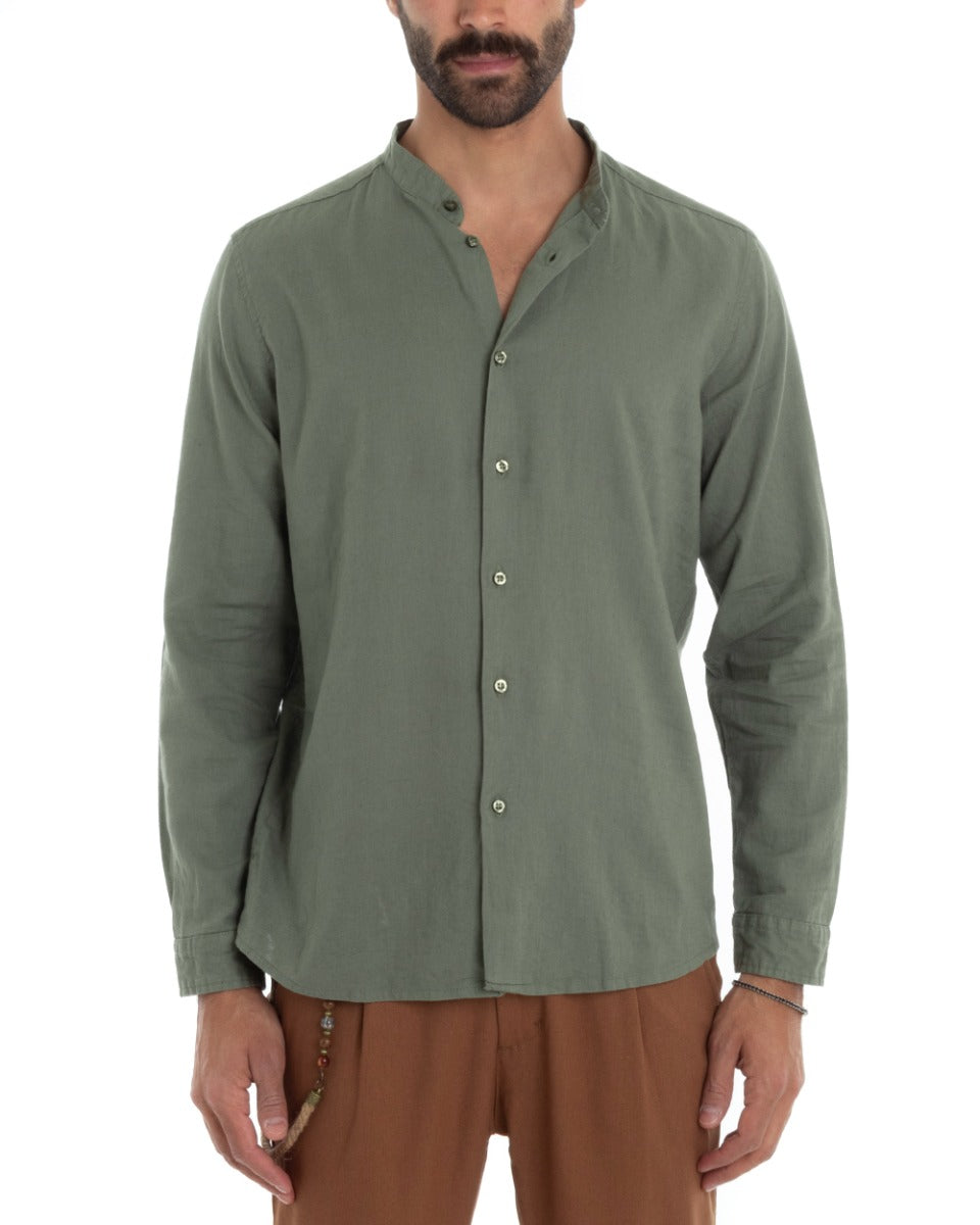 Camicia Uomo Collo Coreano Manica Lunga Lino Tinta Unita Sartoriale Verde Militare GIOSAL-C1956A