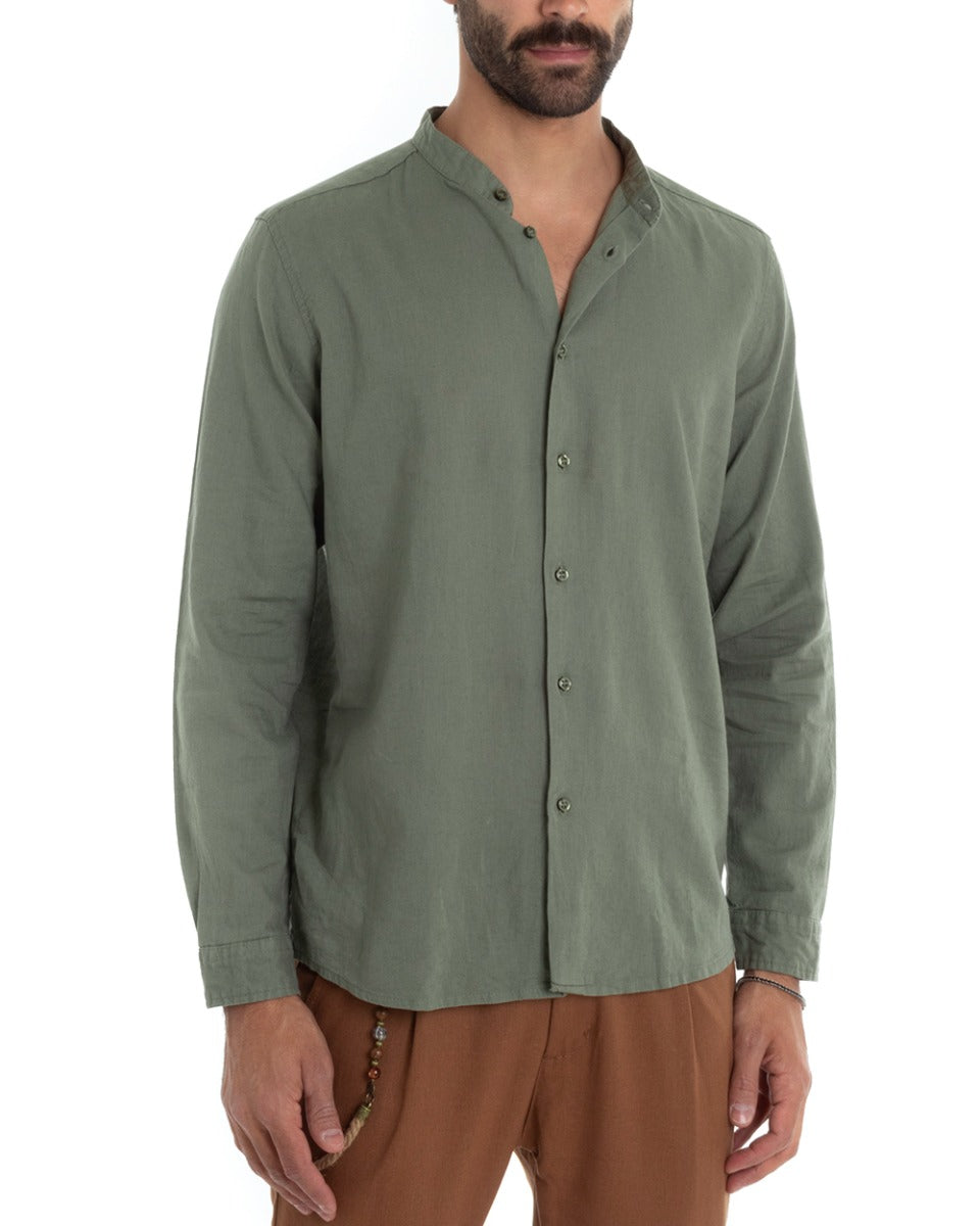 Camicia Uomo Collo Coreano Manica Lunga Lino Tinta Unita Sartoriale Verde Militare GIOSAL-C1956A