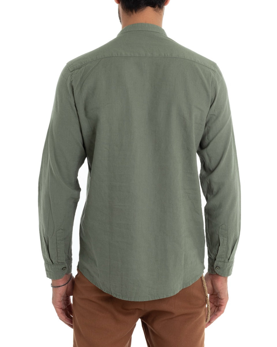Camicia Uomo Collo Coreano Manica Lunga Lino Tinta Unita Sartoriale Verde Militare GIOSAL-C1956A