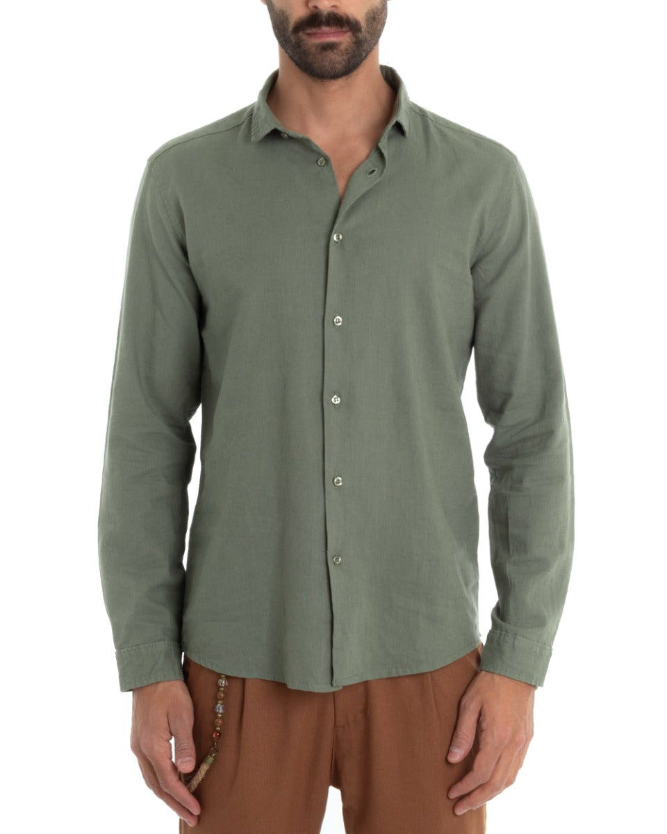 Camicia Uomo Con Colletto Francese Manica Lunga Lino Tinta Unita Sartoriale Verde Militare GIOSAL-C2007A