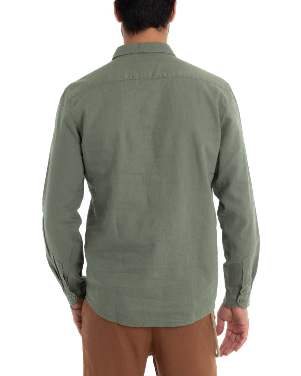 Camicia Uomo Con Colletto Francese Manica Lunga Lino Tinta Unita Sartoriale Verde Militare GIOSAL-C2007A