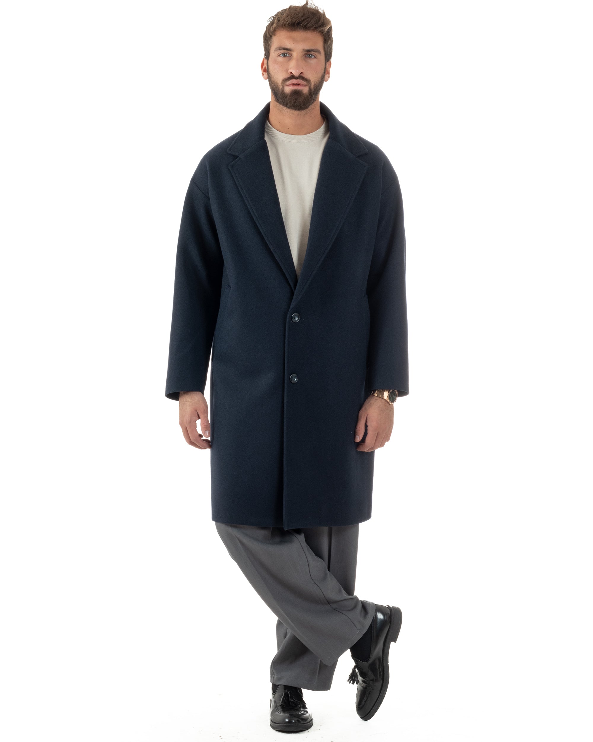 Cappotto Uomo Oversize Monopetto Maniche Raglan Collo Rever Blu CO1077A