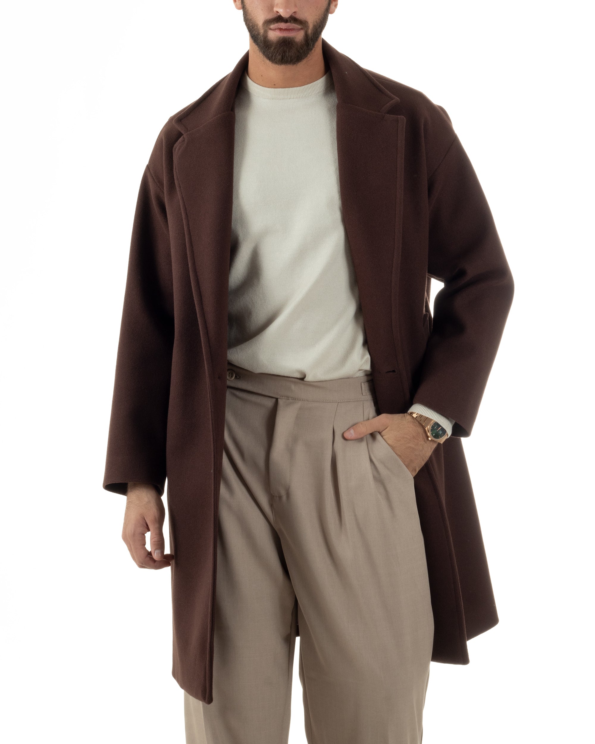 Cappotto Uomo Oversize Monopetto Maniche Raglan Collo Rever Marrone CO1076A