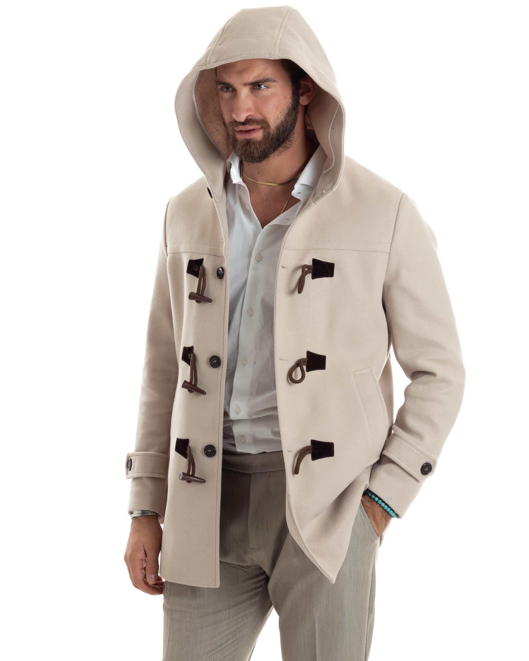 Cappotto Uomo Lana Montgomery Con Alamari E Cappuccio Beige CO1044A